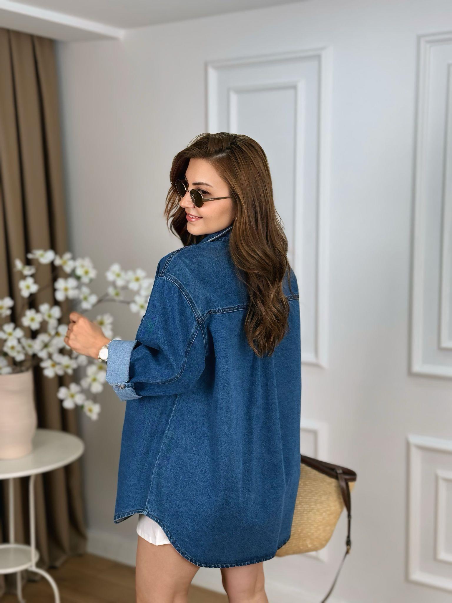 Mavi Tek Cep Düğmeli Oversize Jean Ceket 6080