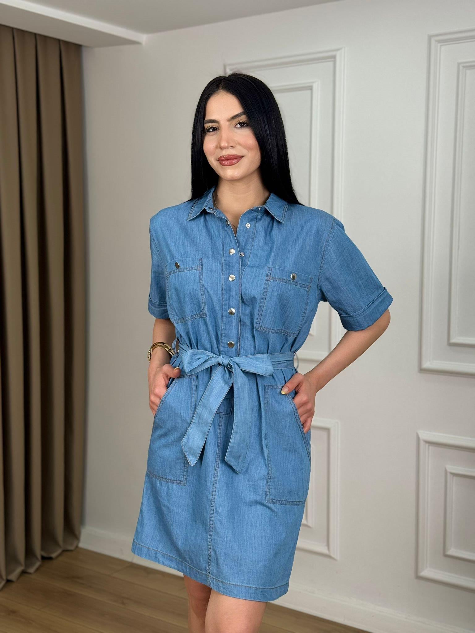 Mavi Yarım Kol Çıtçıt Düğmeli Cepli Tensel Kumaş Denim Elbise 3670