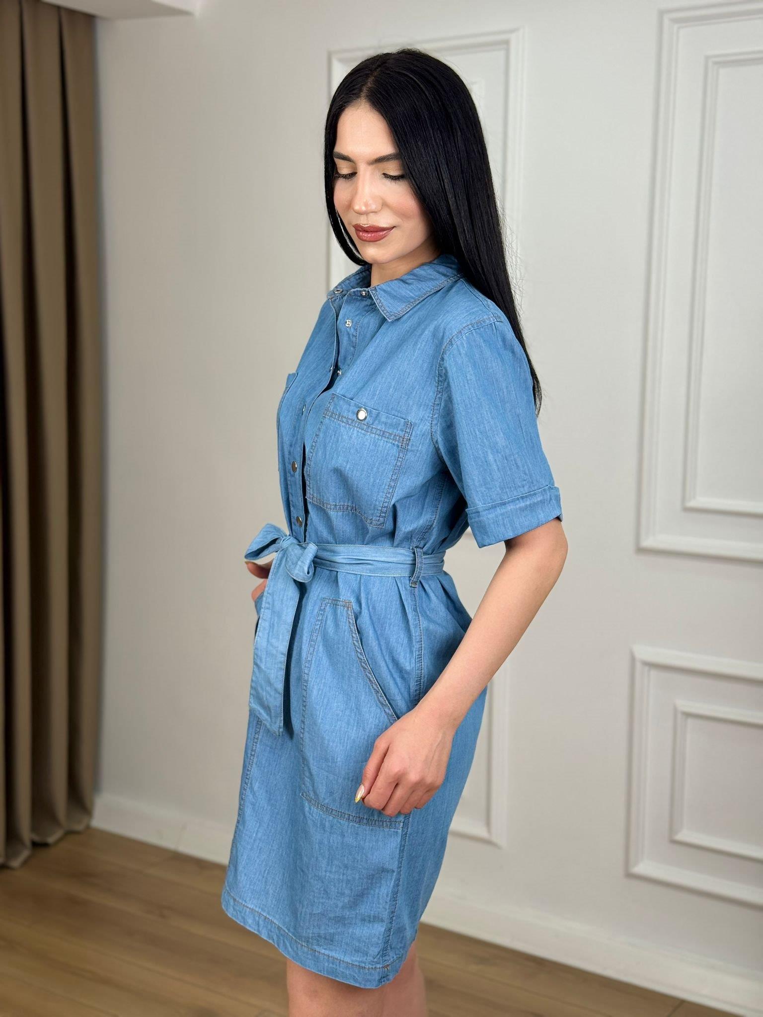Mavi Yarım Kol Çıtçıt Düğmeli Cepli Tensel Kumaş Denim Elbise 3670