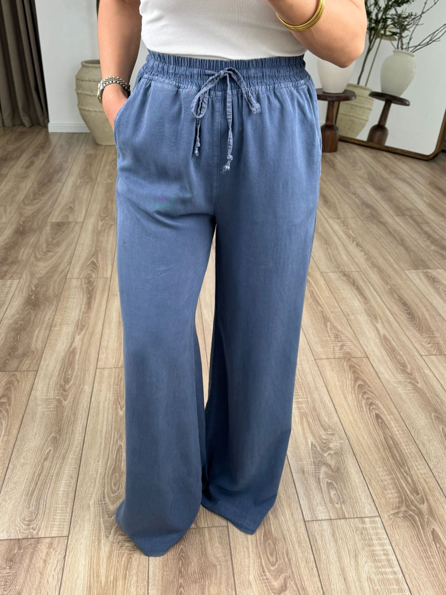 Mavi Yüksek Bel Beli Lastikli Keten Pantolon 7256