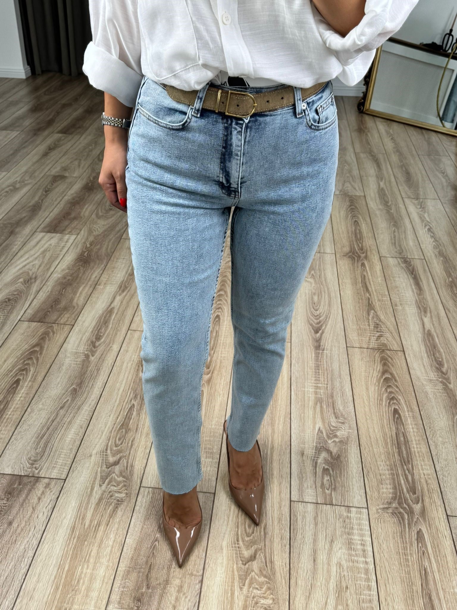 Mavi Yüksek Bel Likralı Toparlayıcı Paçası Kesik Fit Mom Jean 764