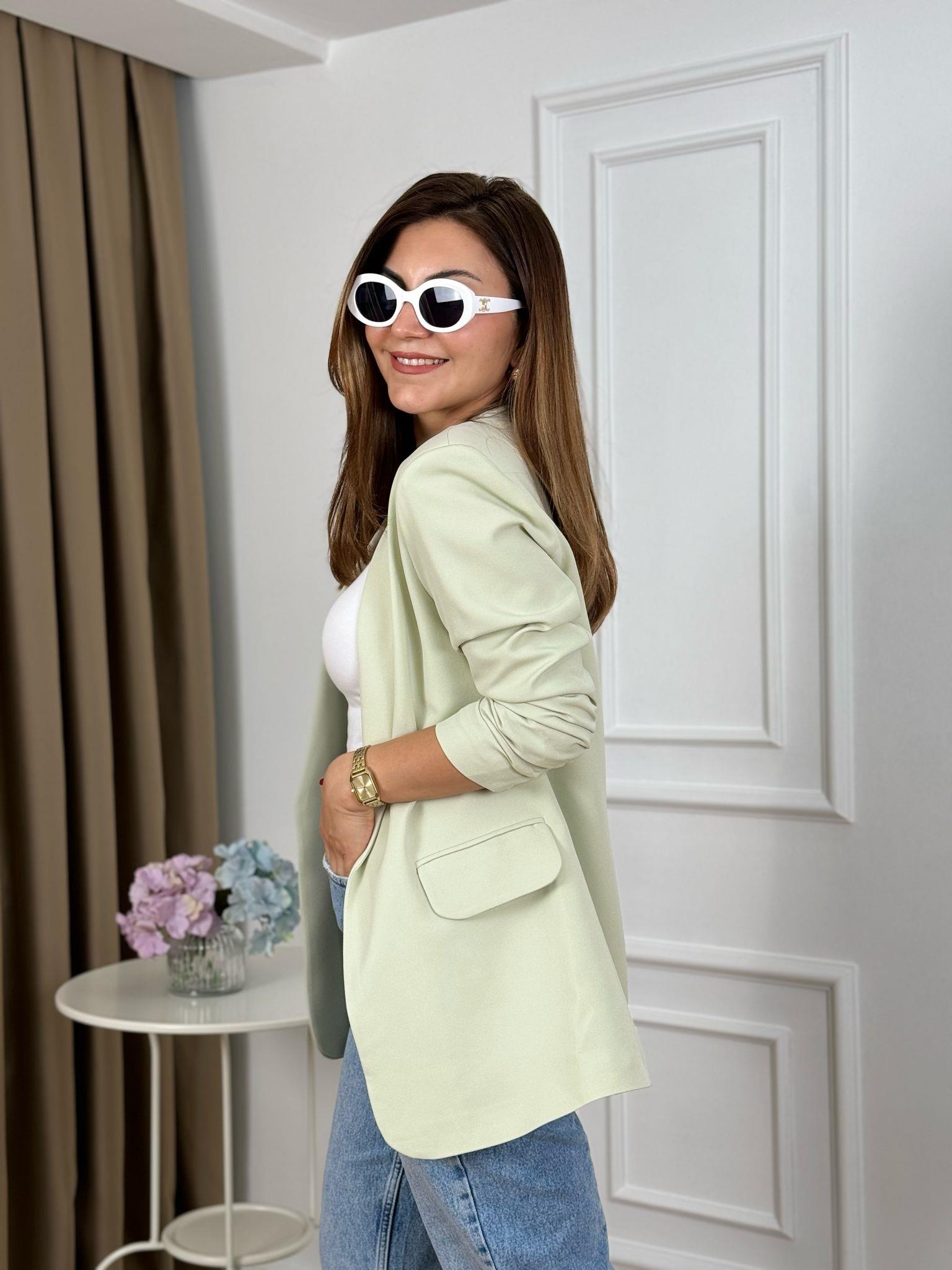 Mint Yeşili Düğmesiz Astarlı Kolu Büzgülü Blazer Ceket 3101