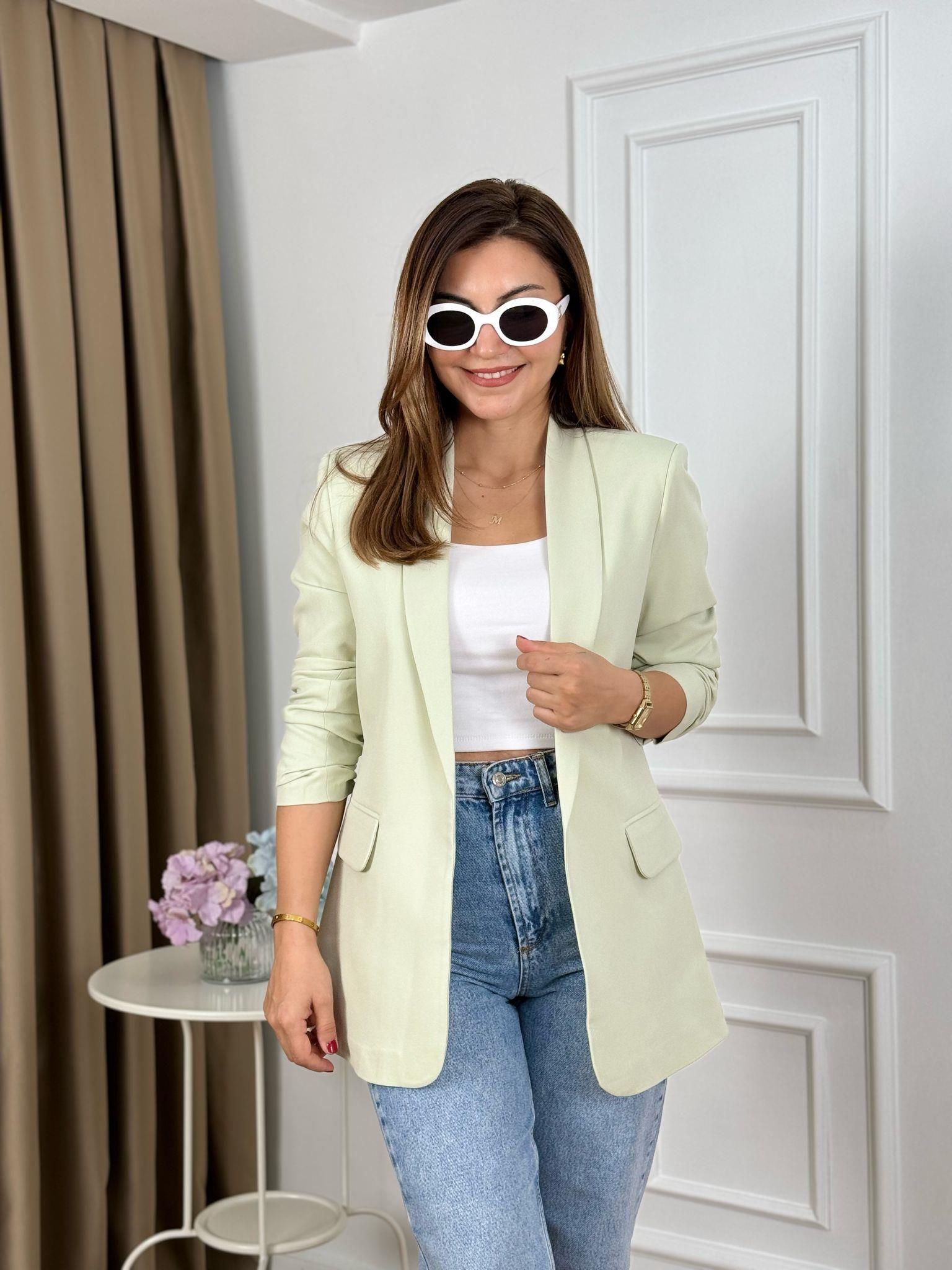 Mint Yeşili Düğmesiz Astarlı Kolu Büzgülü Blazer Ceket 3101