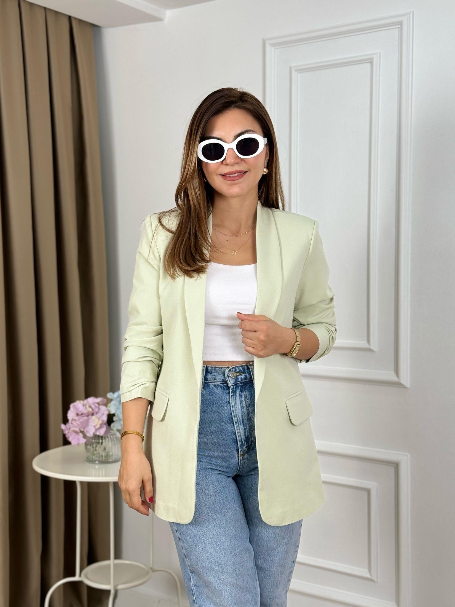 Mint Yeşili Düğmesiz Astarlı Kolu Büzgülü Blazer Ceket 3101