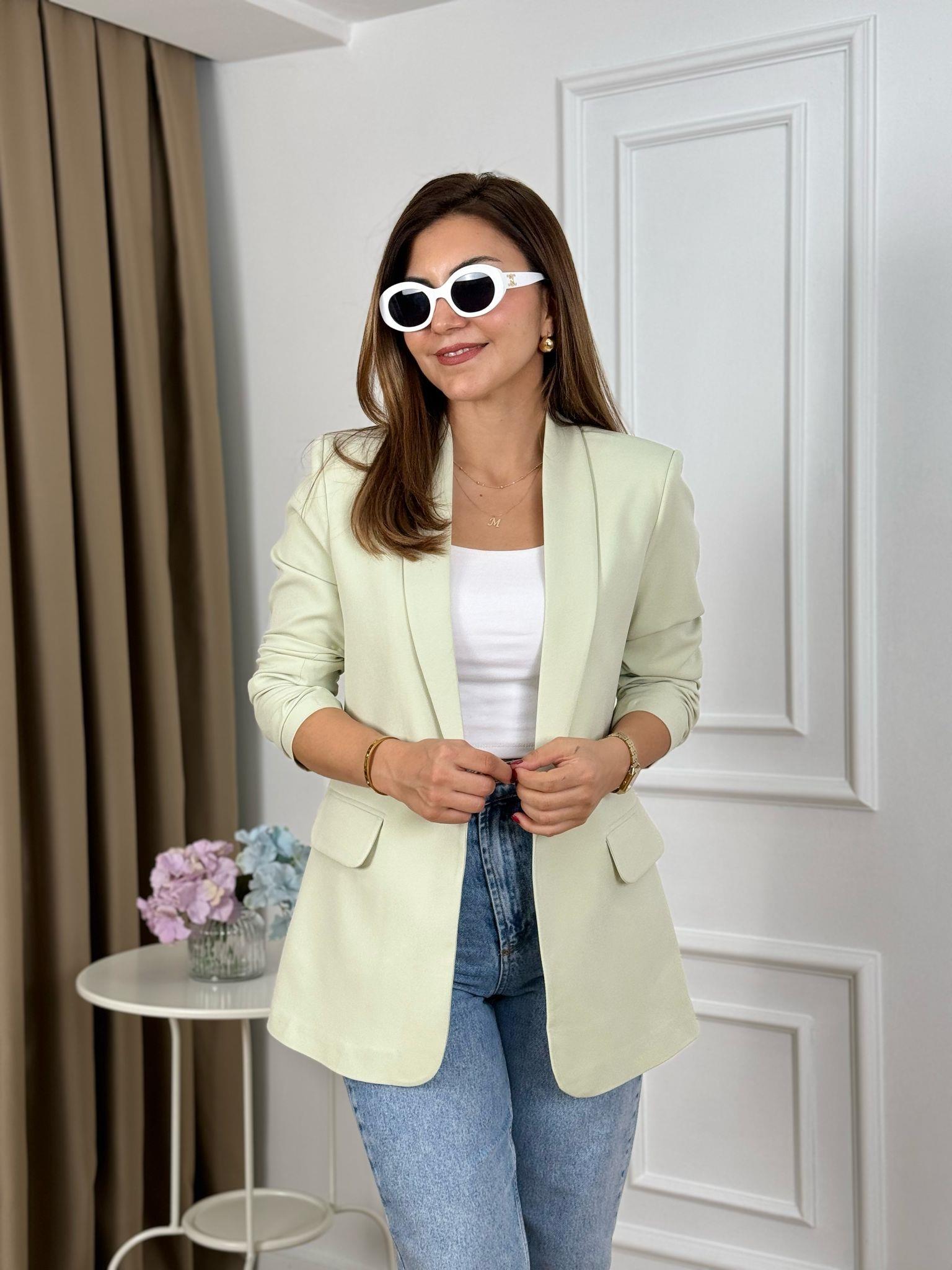 Mint Yeşili Düğmesiz Astarlı Kolu Büzgülü Blazer Ceket 3101