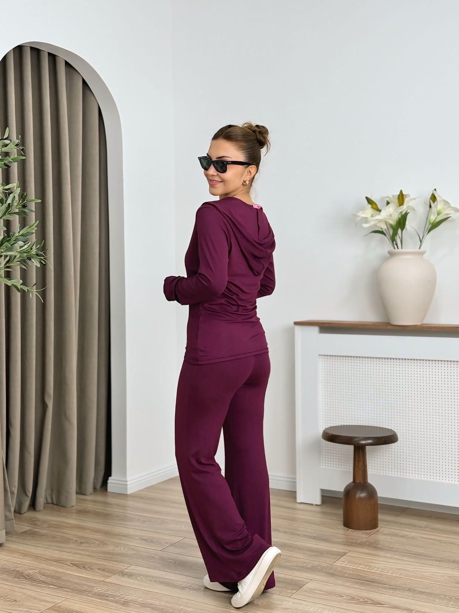 Mürdüm Kapüşonlu Esnek Modal Örme Kumaş 3 Lü Takım 7175