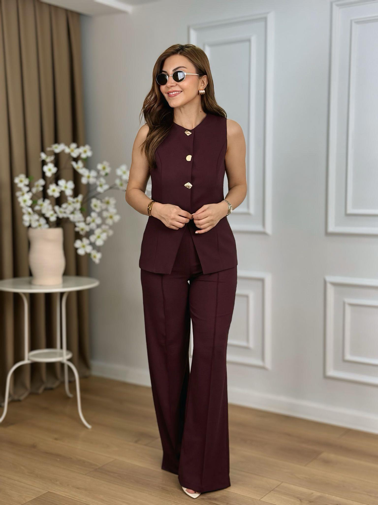 Mürdüm Karma Gold Düğmeli Yelek Pantolon Takım 9193
