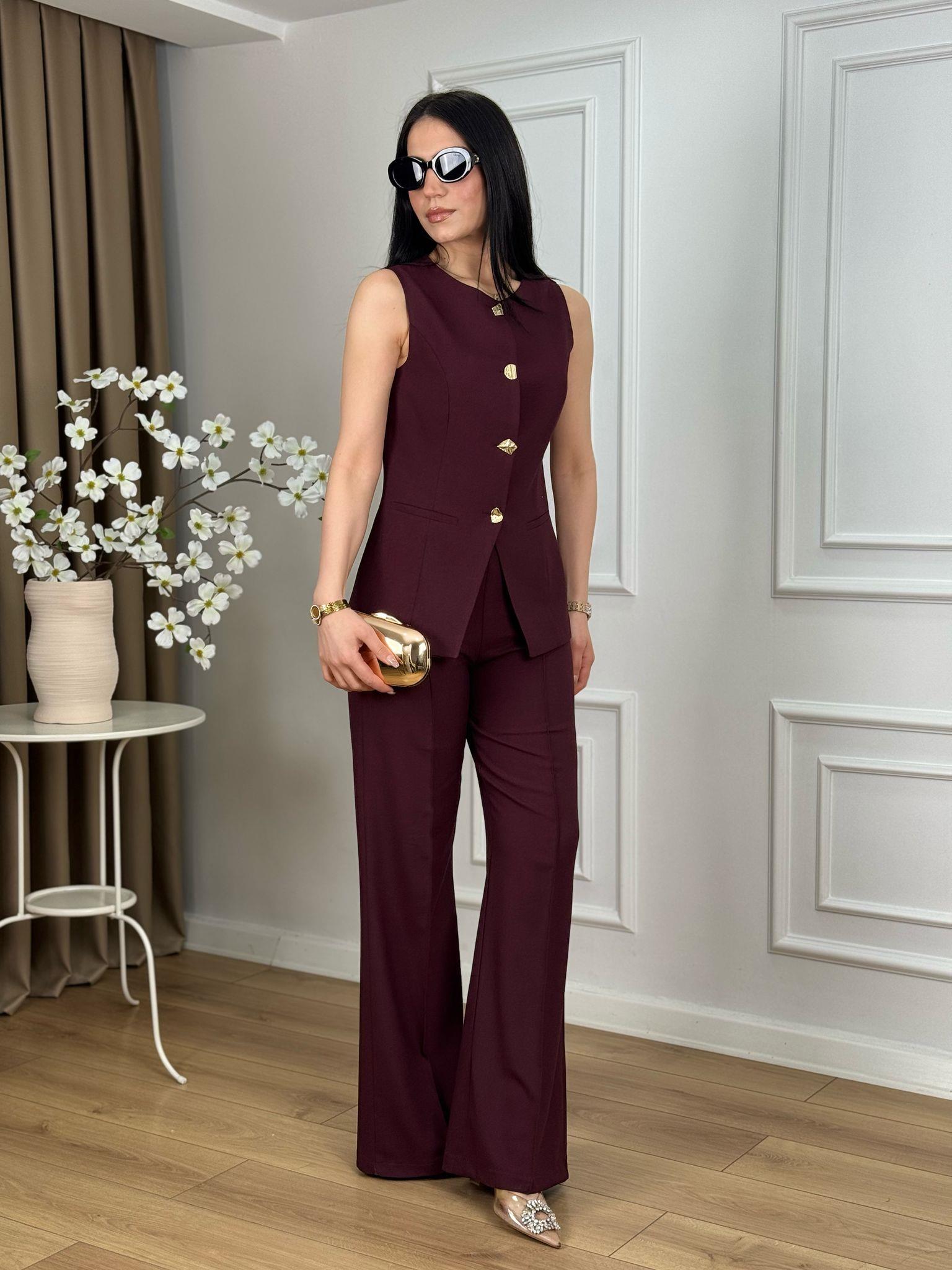 Mürdüm Karma Gold Düğmeli Yelek Pantolon Takım 9193