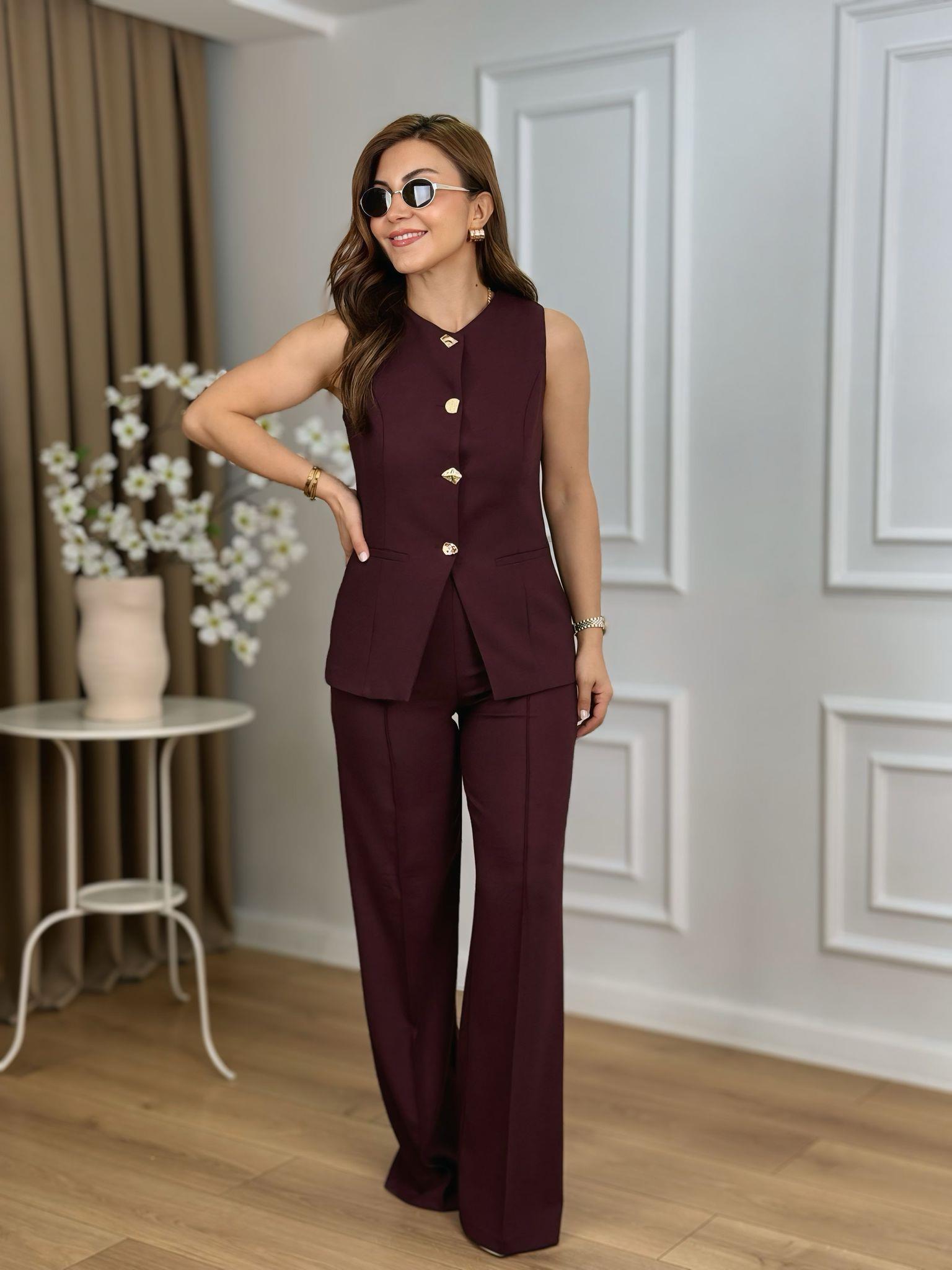 Mürdüm Karma Gold Düğmeli Yelek Pantolon Takım 9193