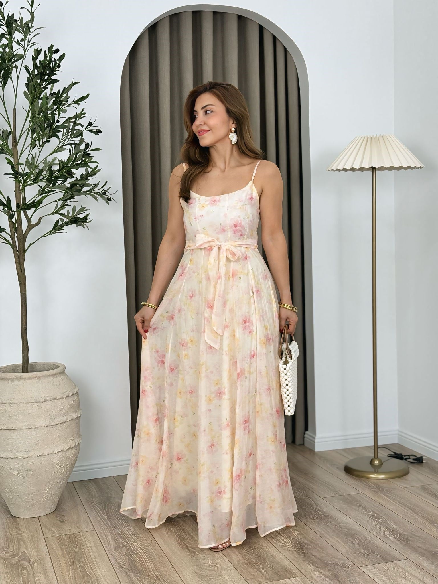 Pembe Askılı Organik Kumaş Astarlı Çiçek Desenli Elbise 3449