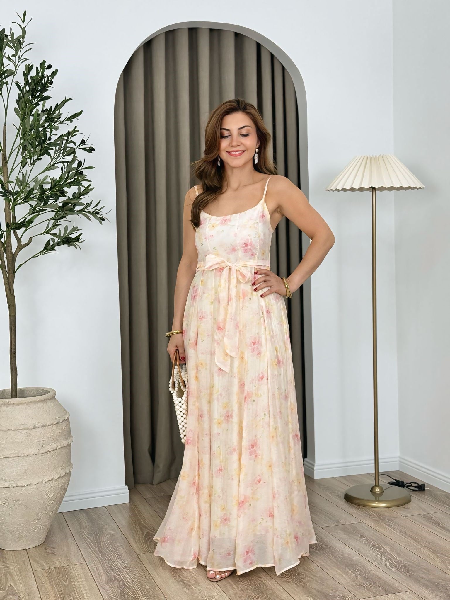 Pembe Askılı Organik Kumaş Astarlı Çiçek Desenli Elbise 3449