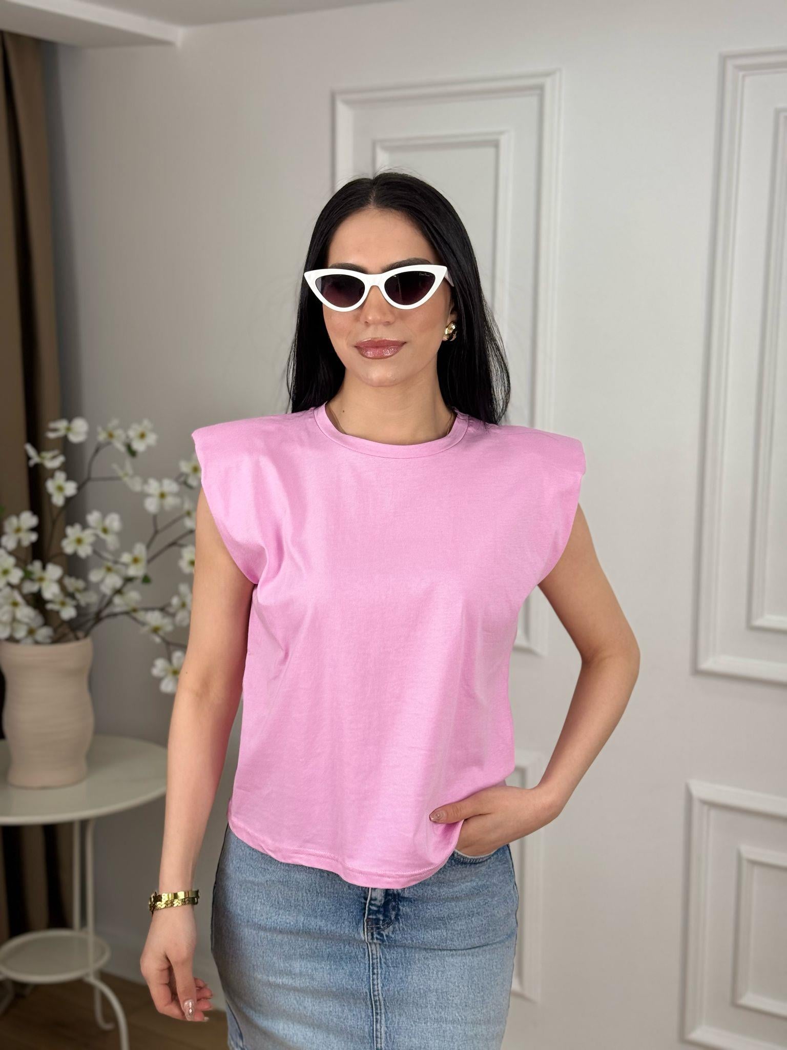 Pembe Bisiklet Yaka Vatkalı Sıfır Kol Tshirt 18802