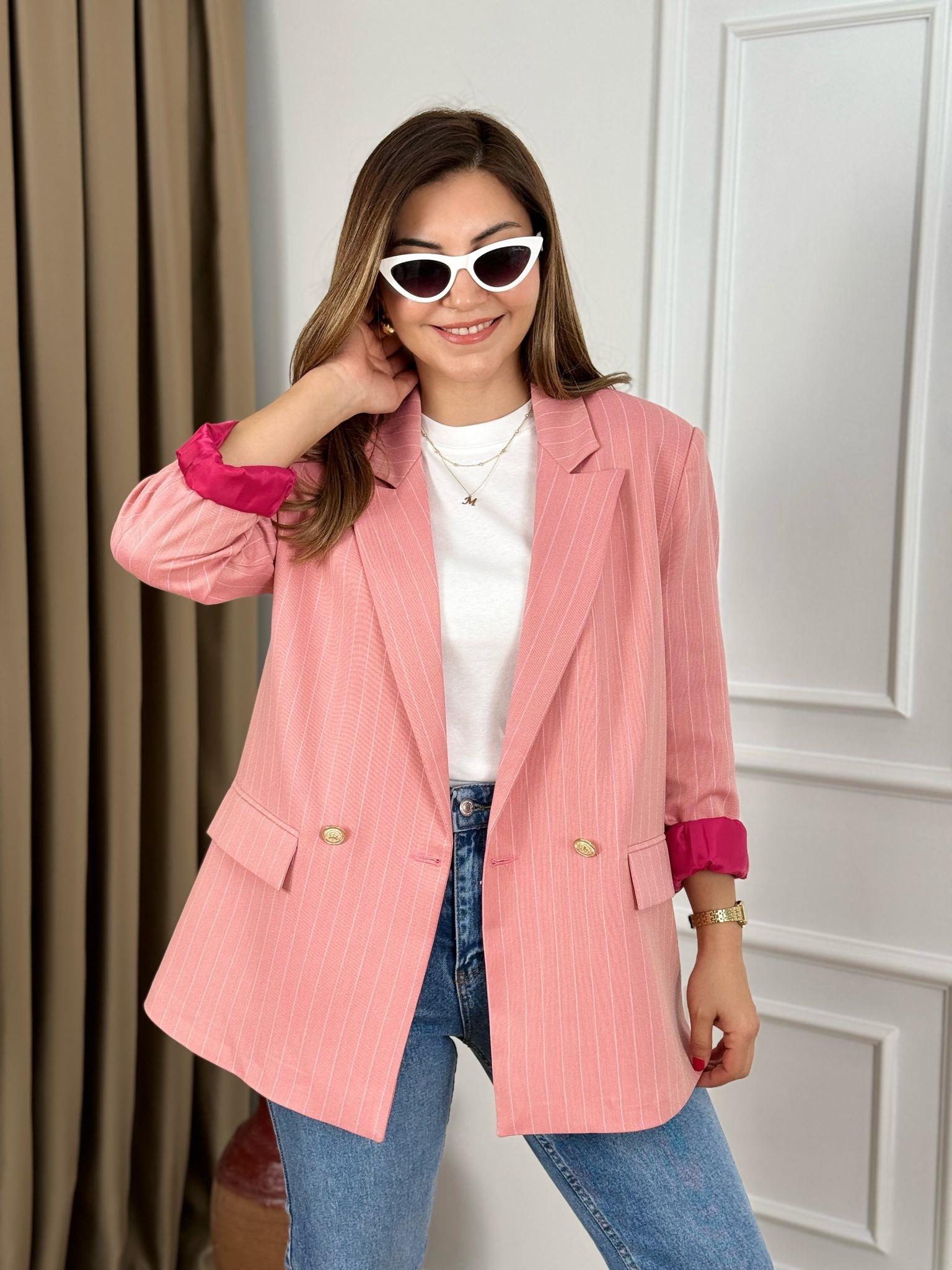 Pembe Çizgili Poliviskon Gold Düğmeli Astarlı Ceket 6148