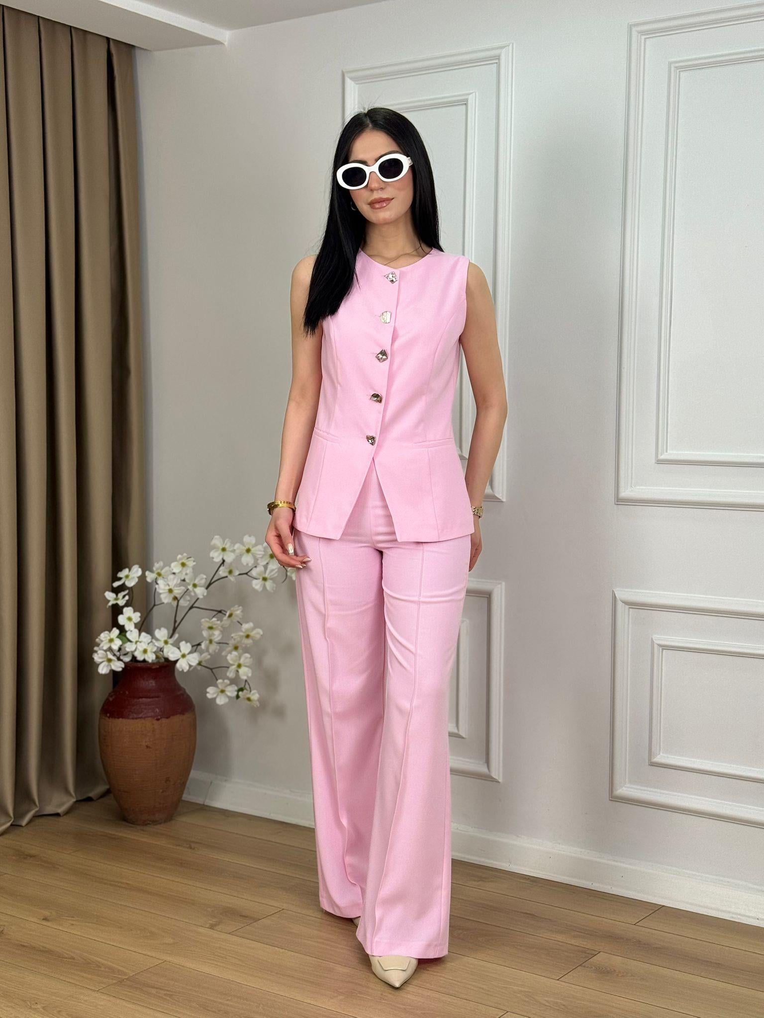 Pembe Karma Gümüş Düğmeli Yelek Pantolon Takım 919301
