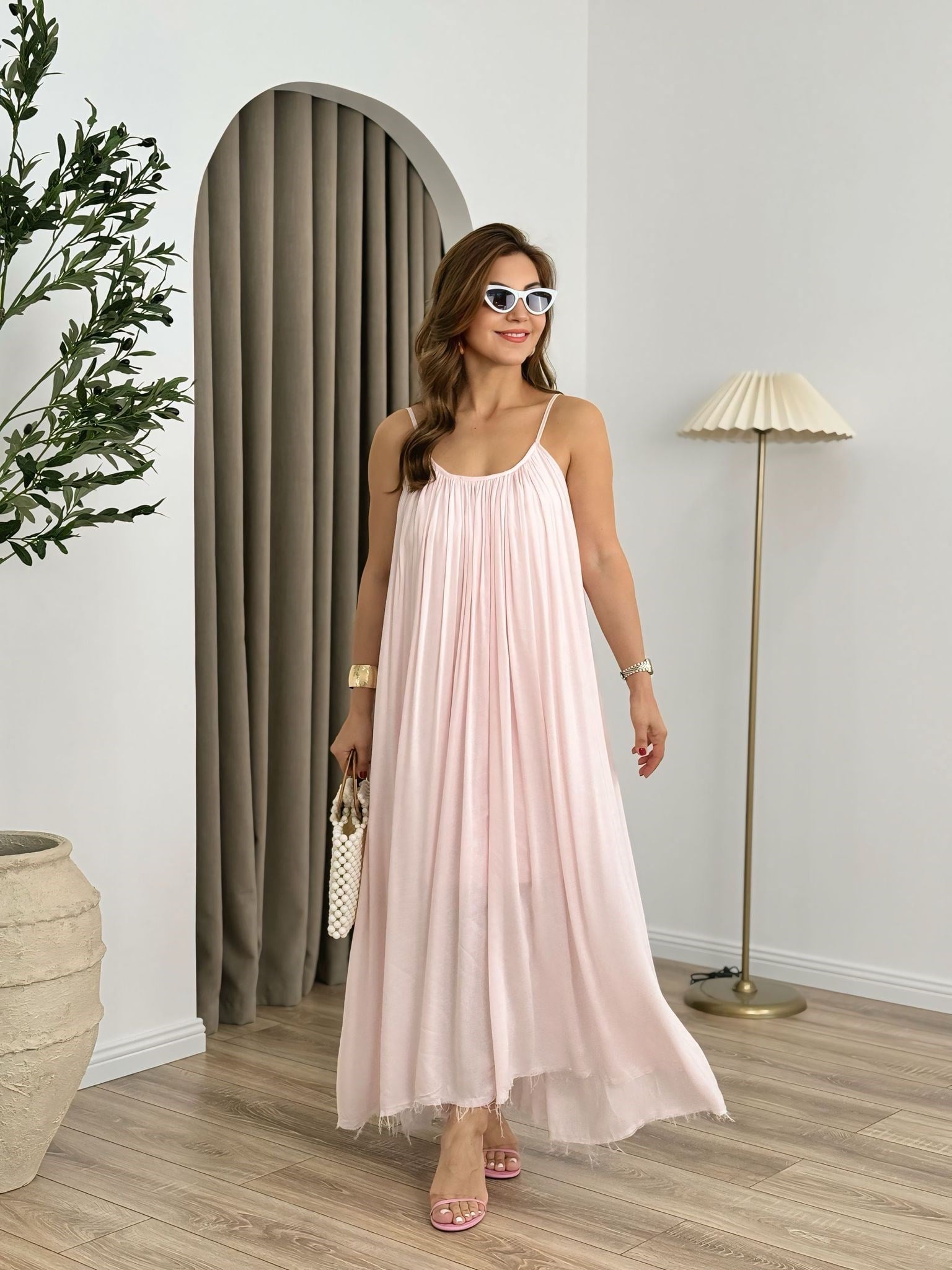 Pembe Premium Seri%100 Pamuk Maxi Salaş Elbise 3173