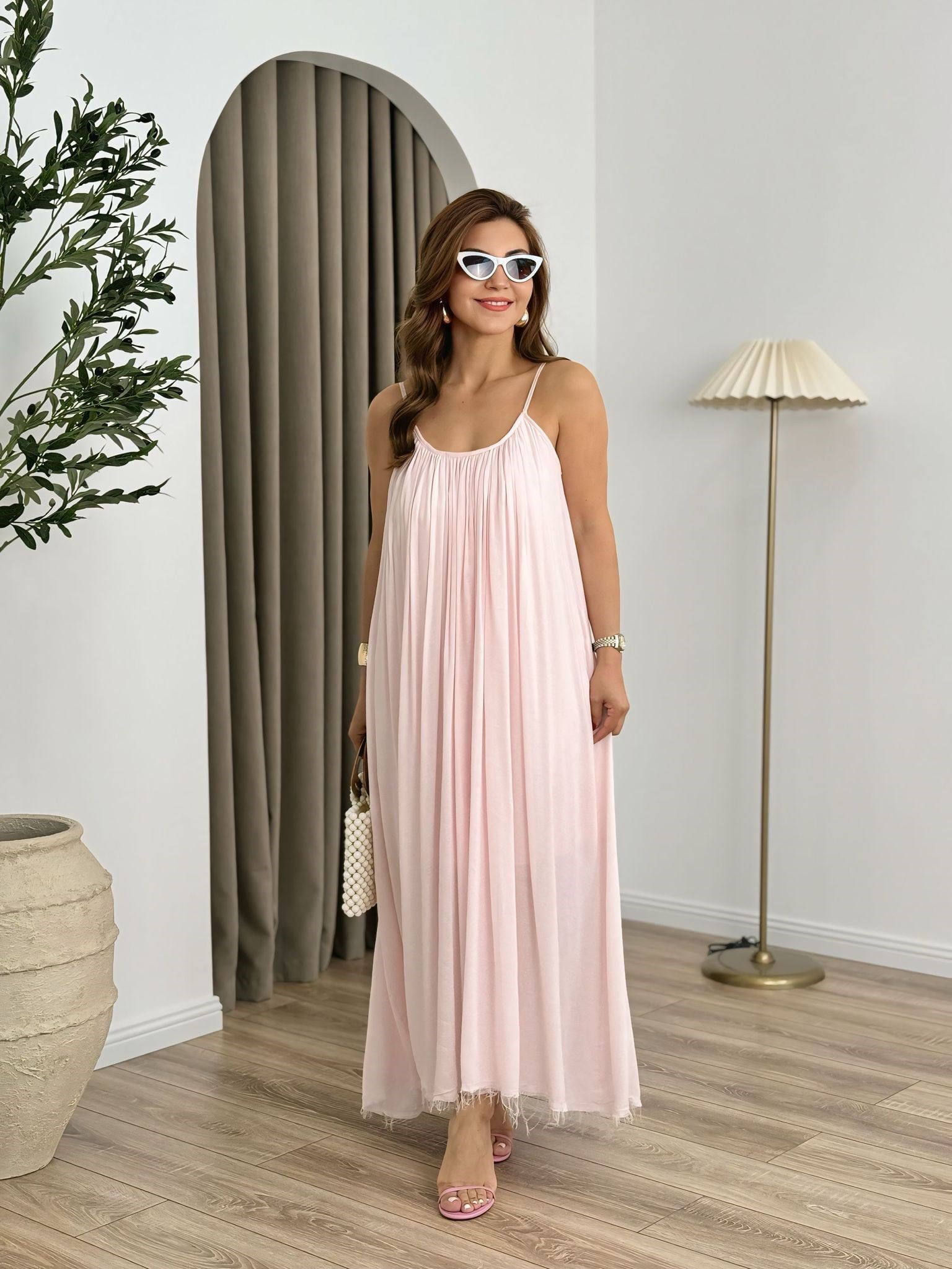 Pembe Premium Seri%100 Pamuk Maxi Salaş Elbise 3173