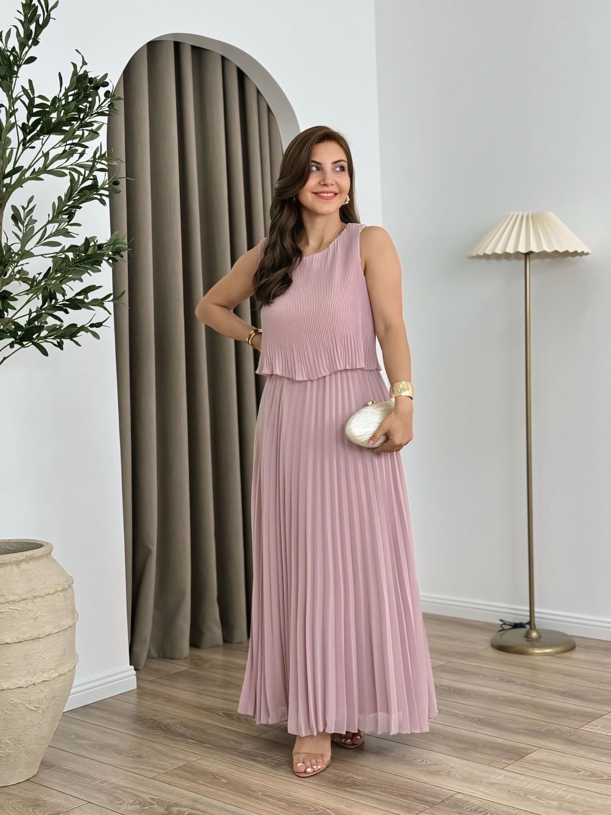Pudra Bisiklet Yaka Sıfırkol Piliseli Astarlı Şifon Elbise 262621