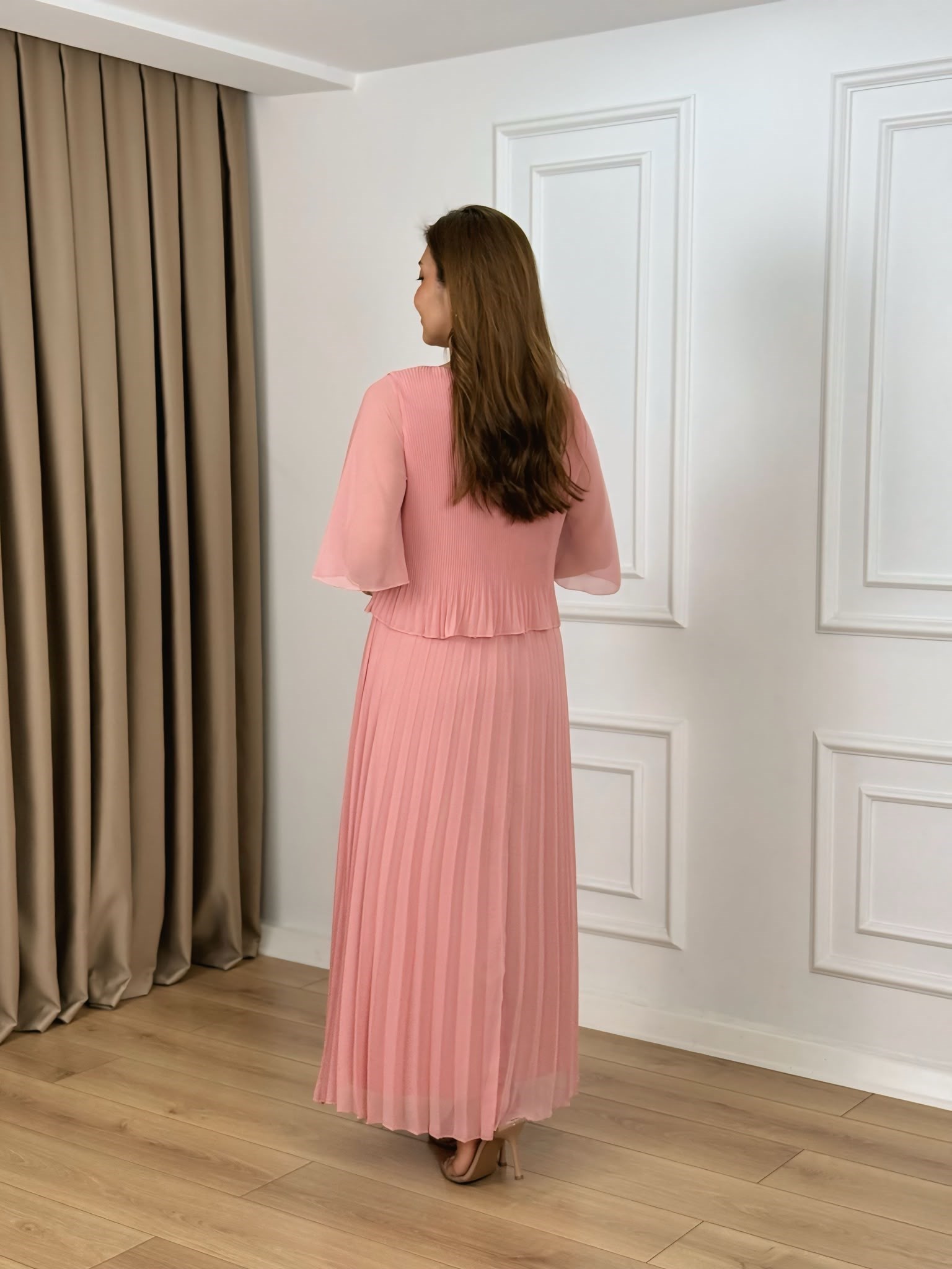Pudra Bisiklet Yaka Yarasa Kol Piliseli Astarlı Elbise 262749