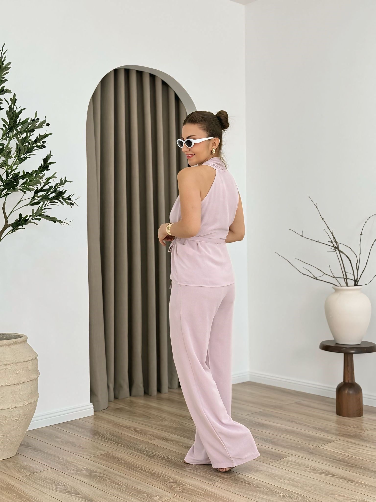Pudra Kruvaze Bağlamalı Keten Kumaş Yelek Pantolon Takım 63210