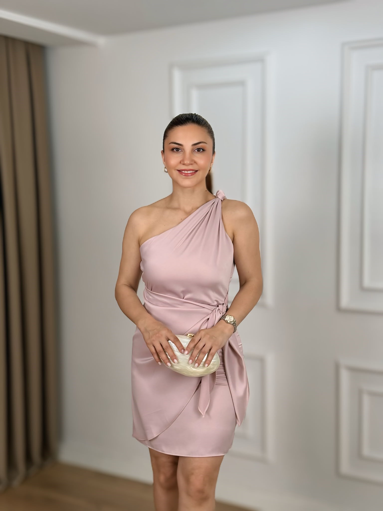 Pudra Tek Omuz Yandan Bağlamalı Saten Elbise 262770