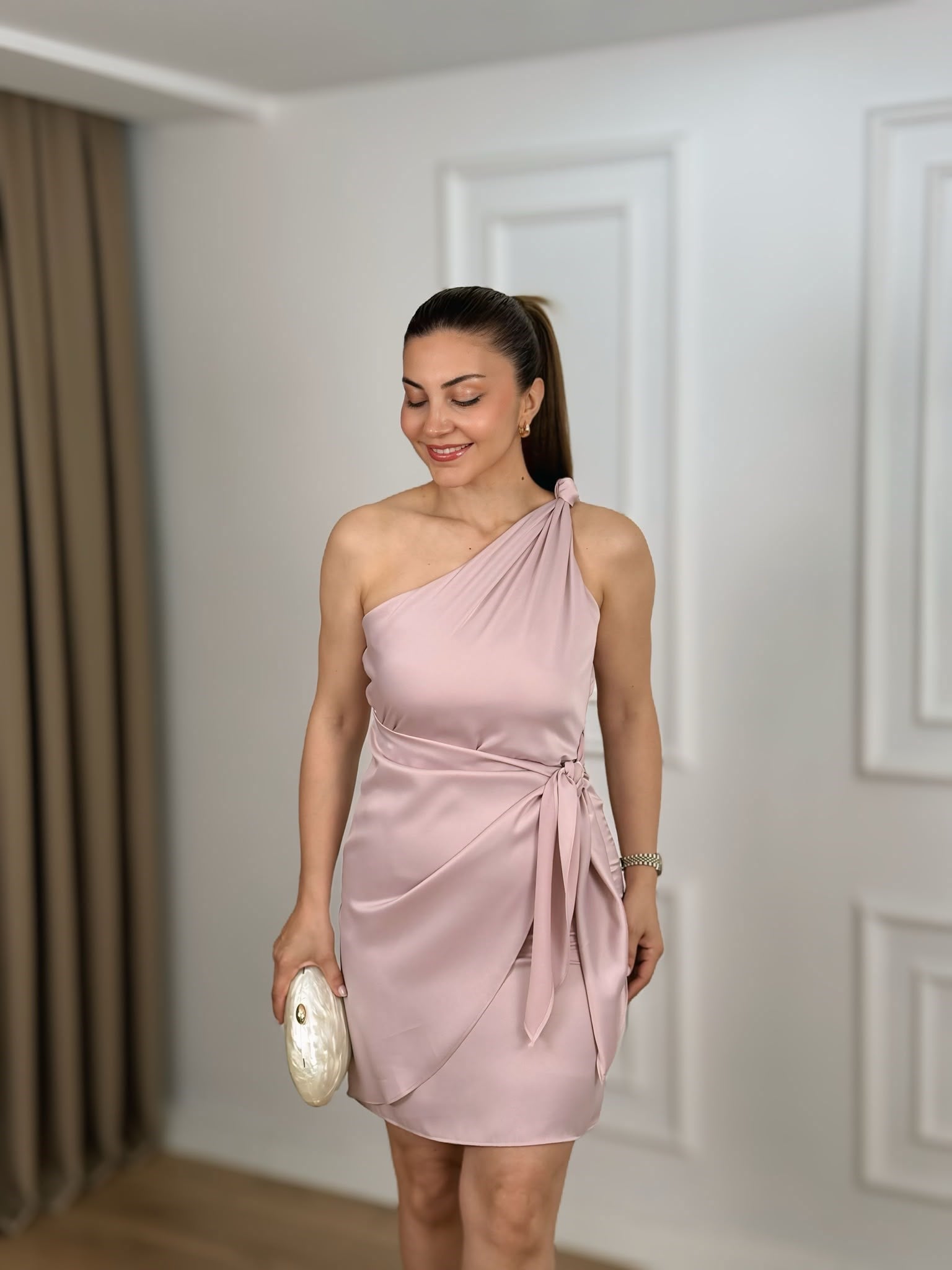 Pudra Tek Omuz Yandan Bağlamalı Saten Elbise 262770