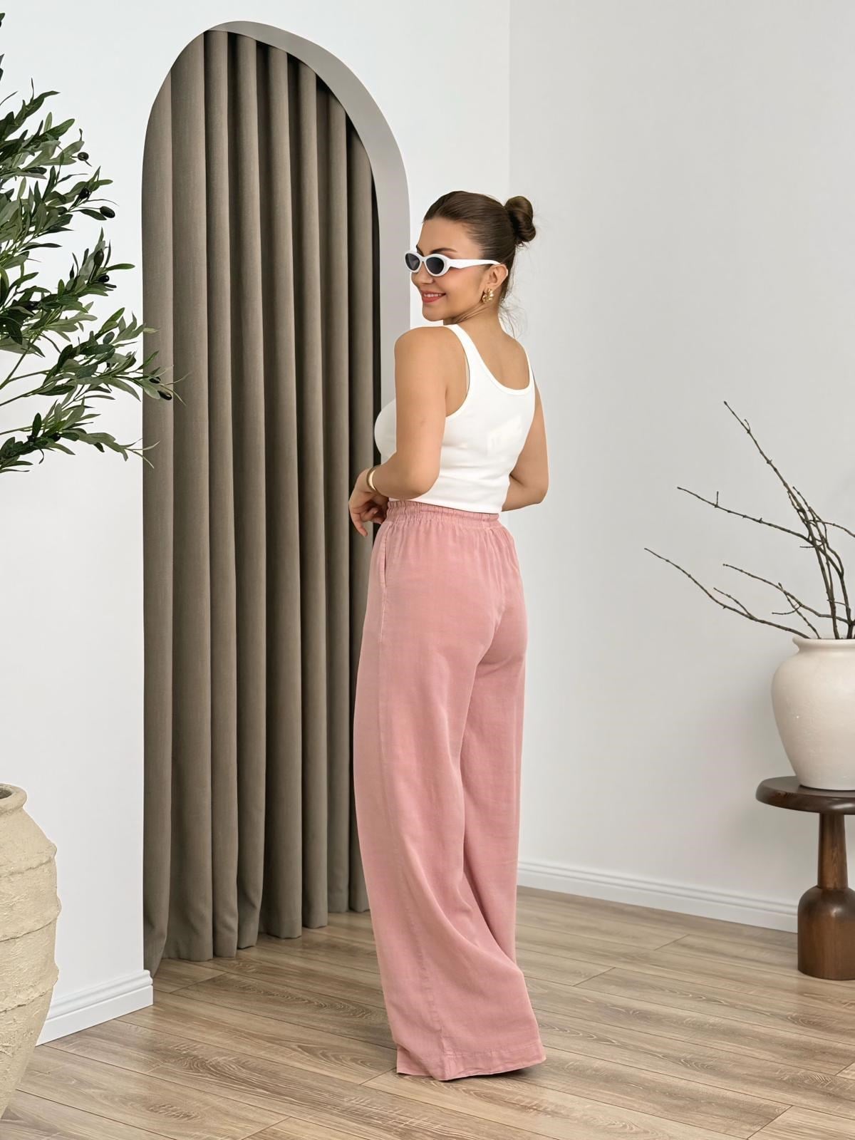 Pudra Yüksek Bel Beli Lastikli Tensel Kumaş  Pantolon 7256