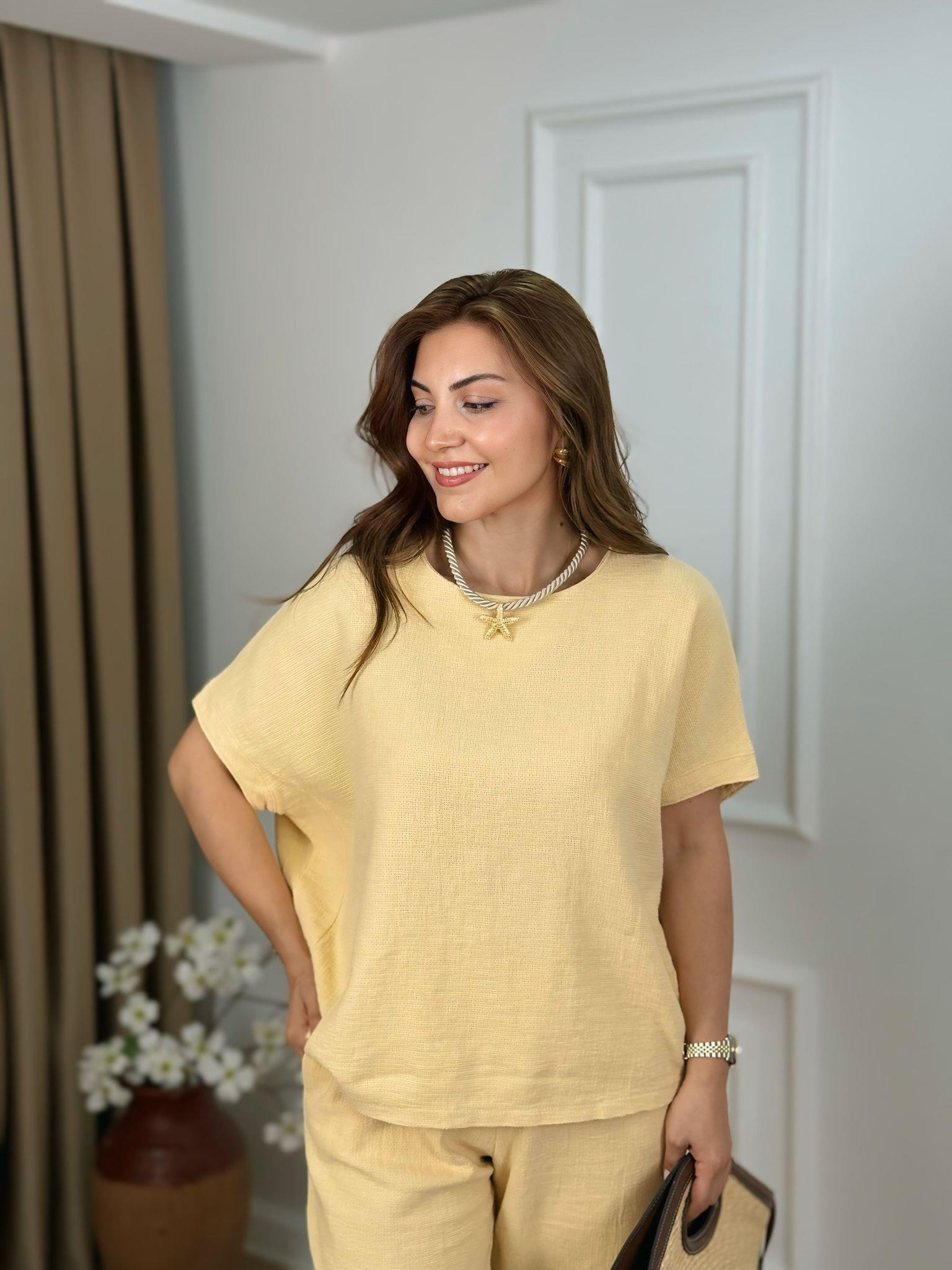 Sarı Ham Keten Bluz Pantolon Takım 52730