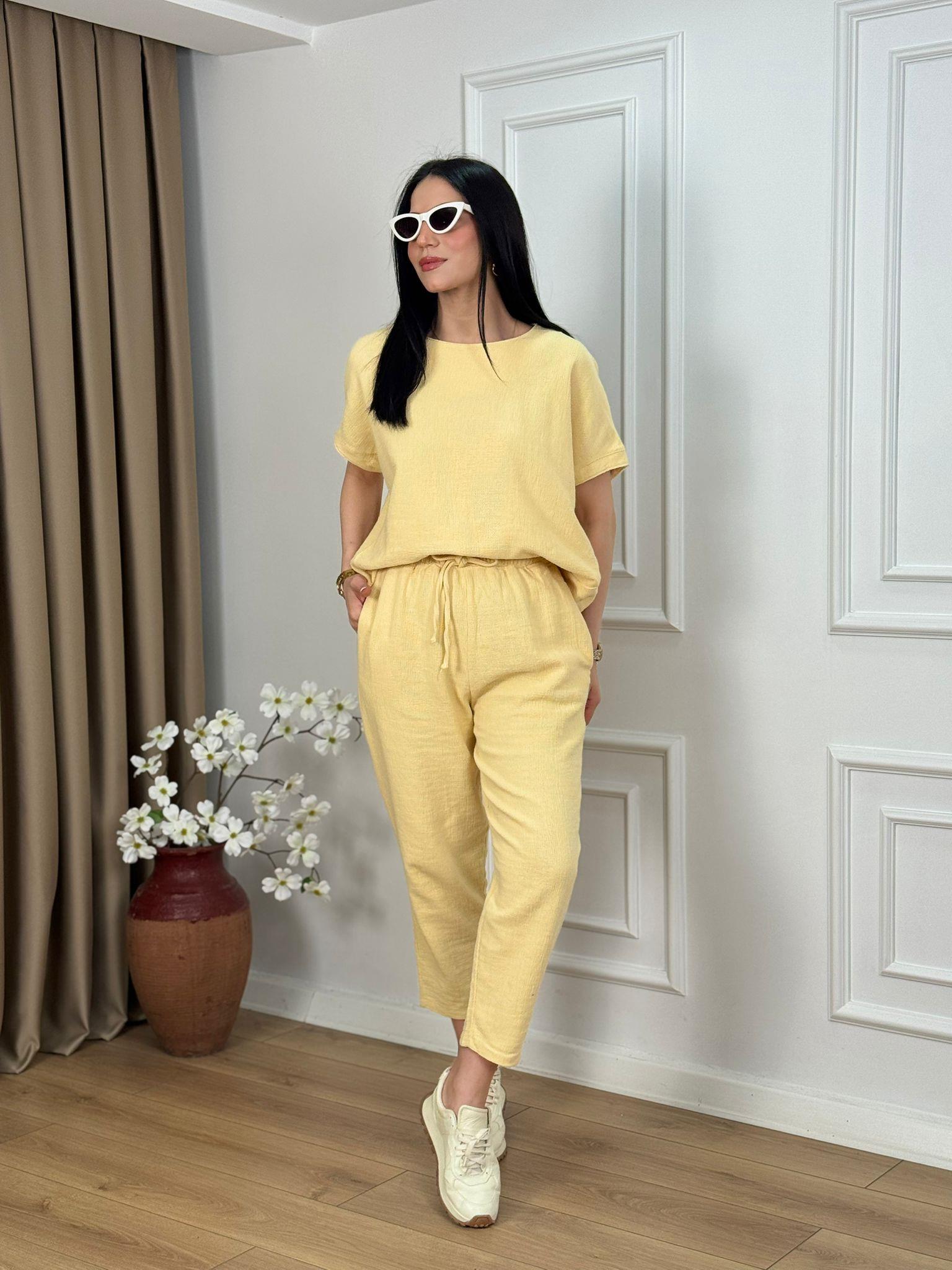 Sarı Ham Keten Bluz Pantolon Takım 52730