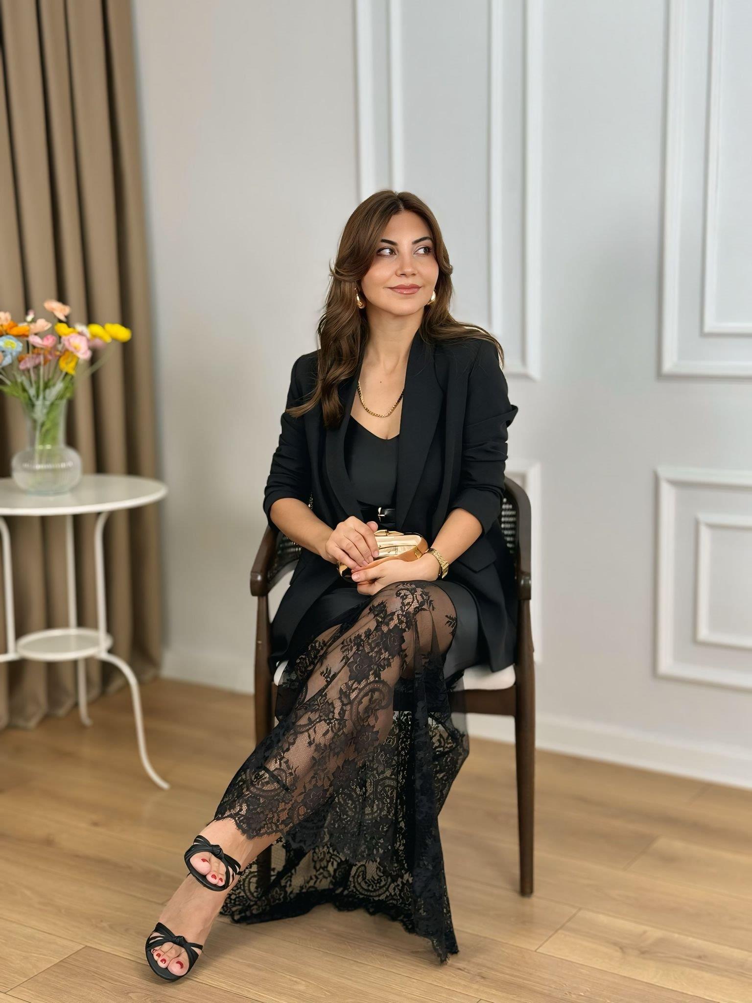 Siyah Ayarlanabilir Askılı Eteği Dantel Pamuk Saten Elbise 26208