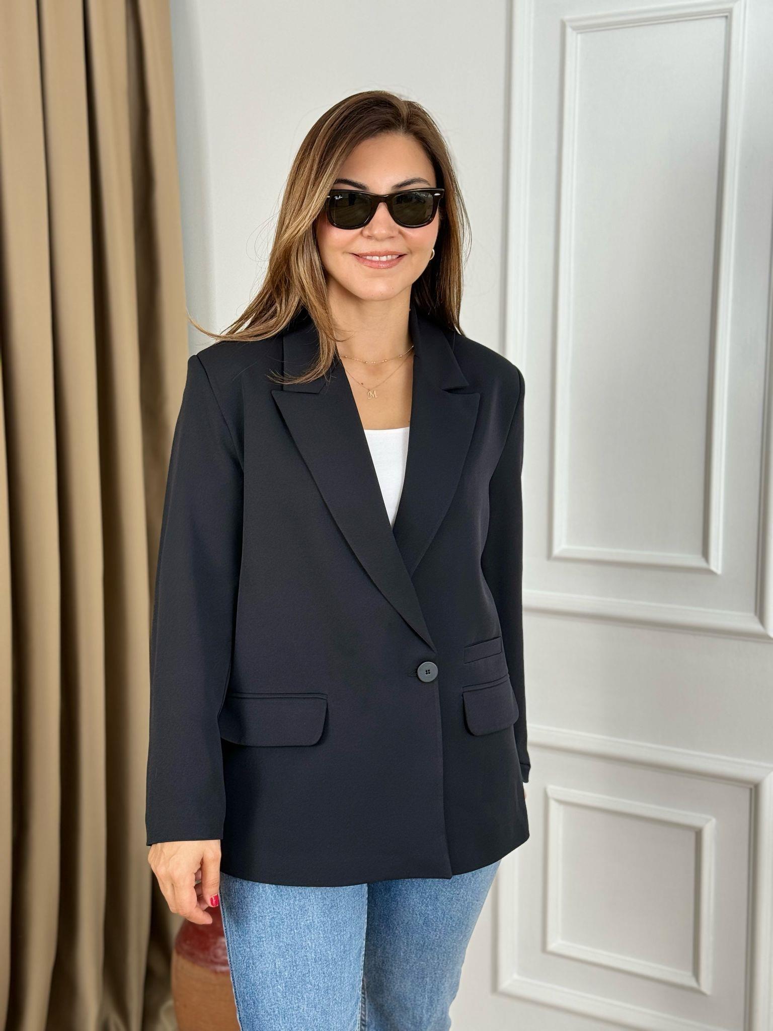 Siyah Çapraz Düğmeli Cep Detaylı Astarlı Blazer Ceket 6146