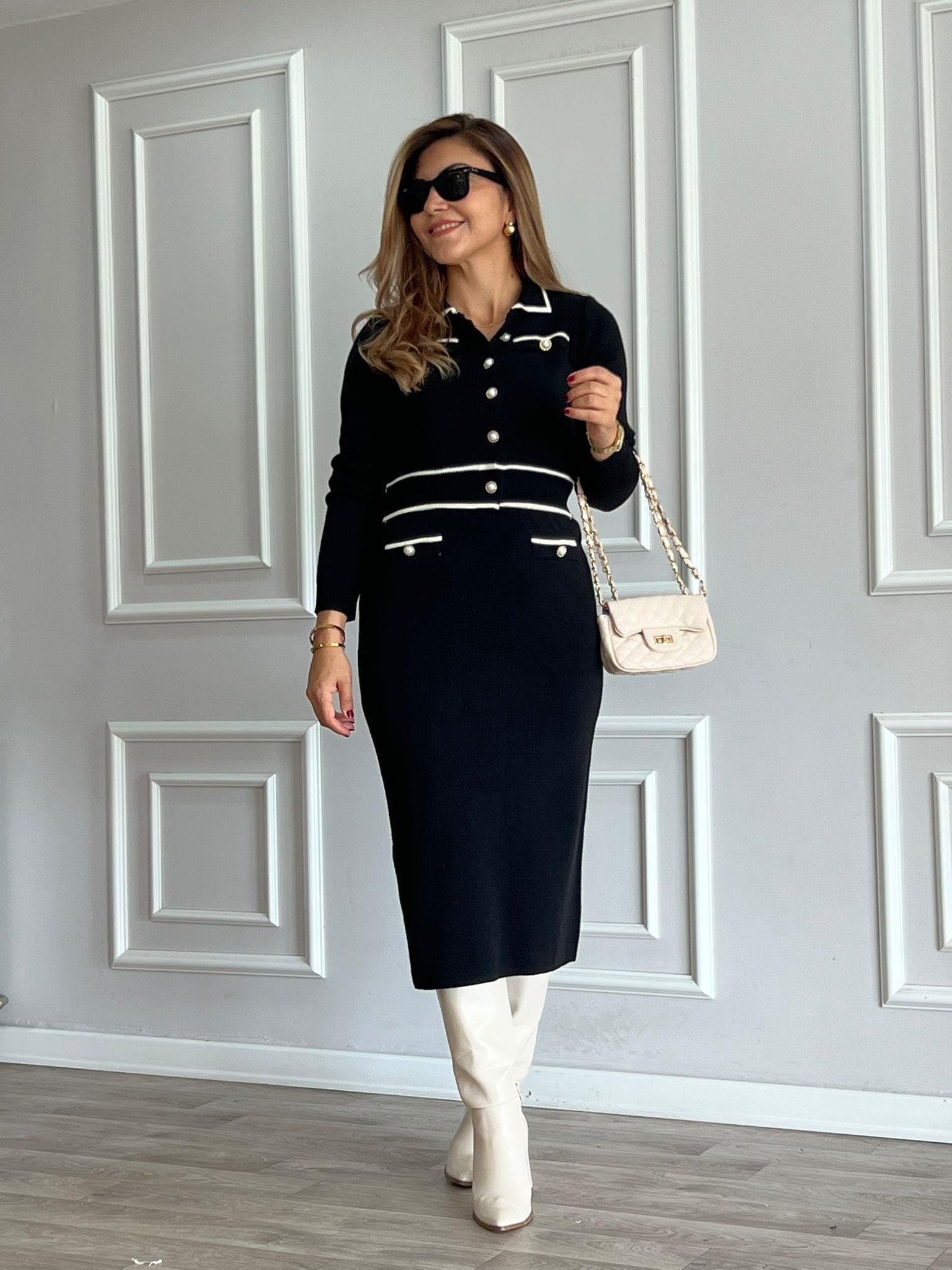 Siyah Çelik Örgü İnci Düğmeli Hırka Etek Triko Takım 4082