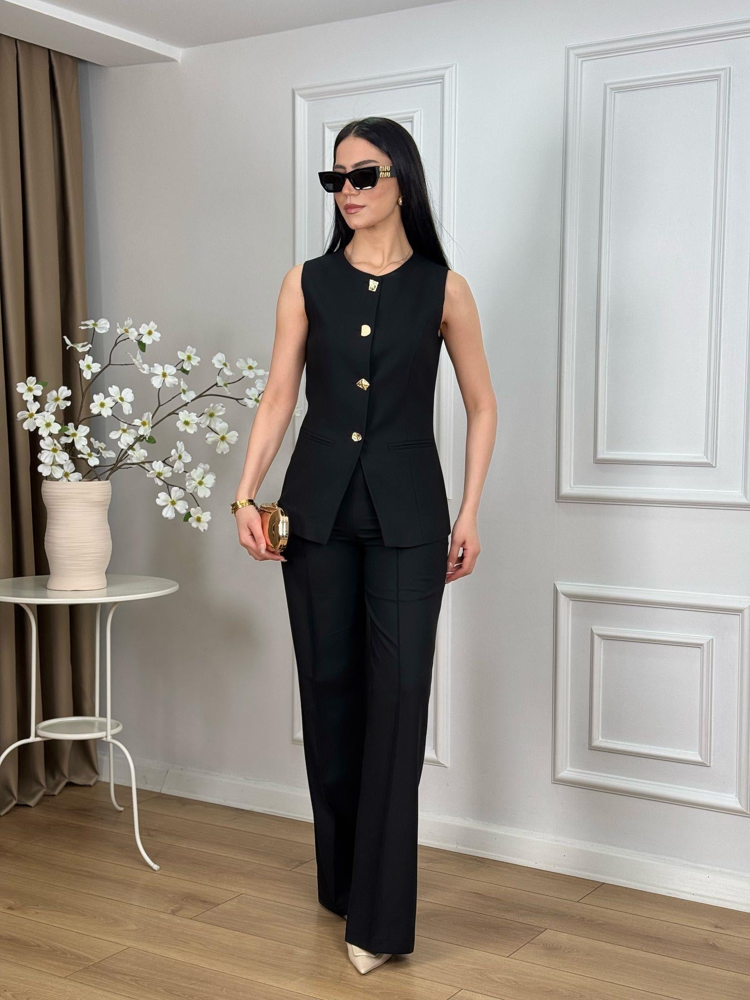 Siyah Karma Gold Düğmeli Yelek Pantolon Takım 9193