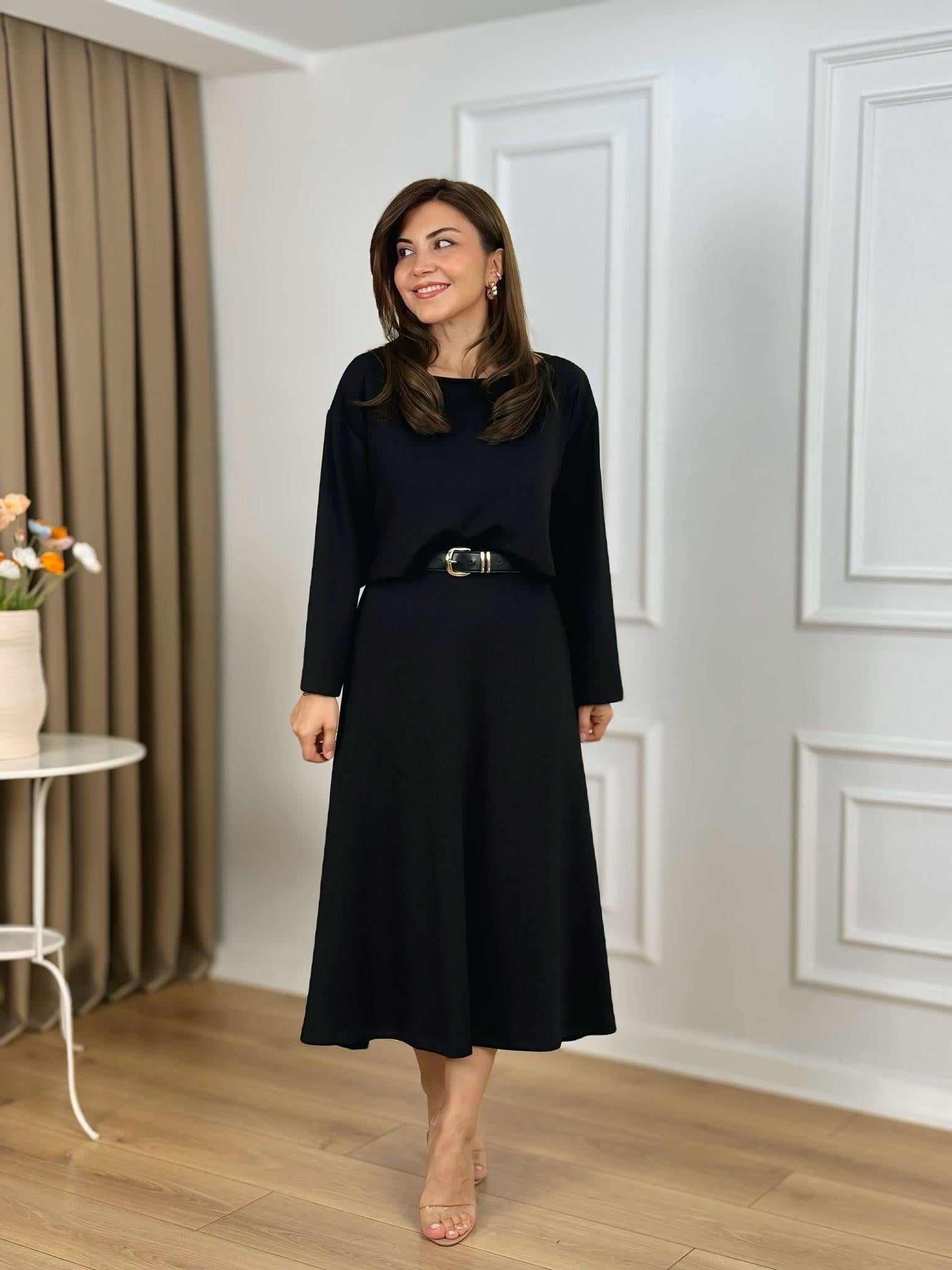 Siyah Kayık Yaka Modal Kumaş İkili Bluz Elbise 26143