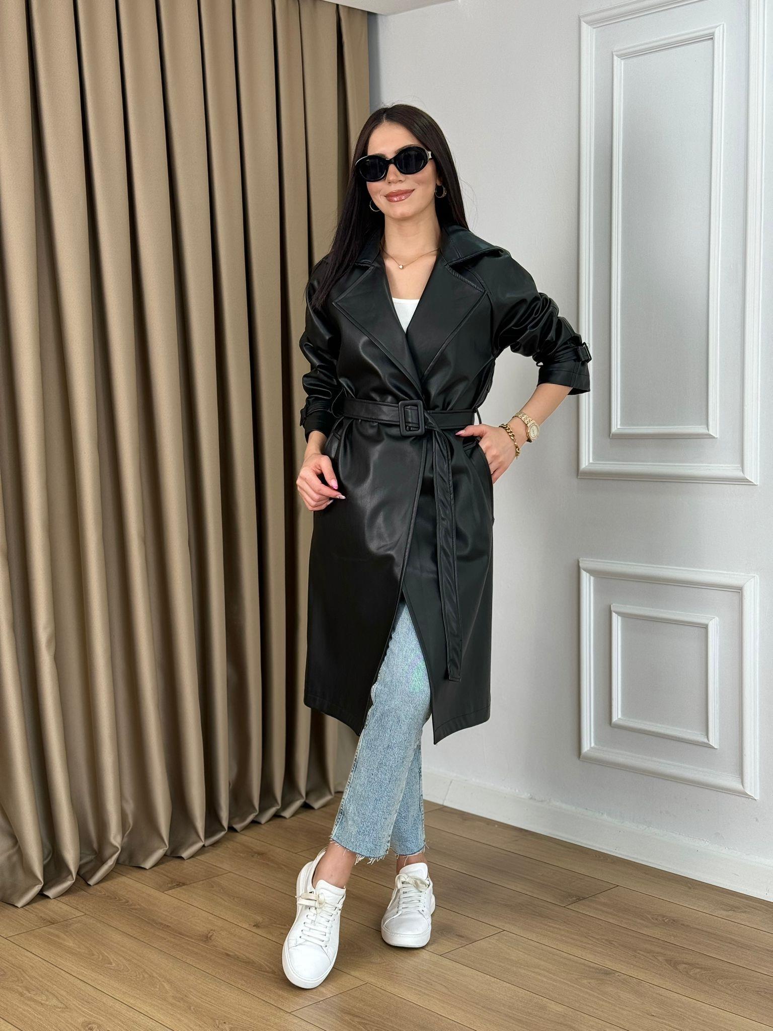 Siyah Kuşaklı Astarlı Lüks Kalite Deri Trenchcoat 7890