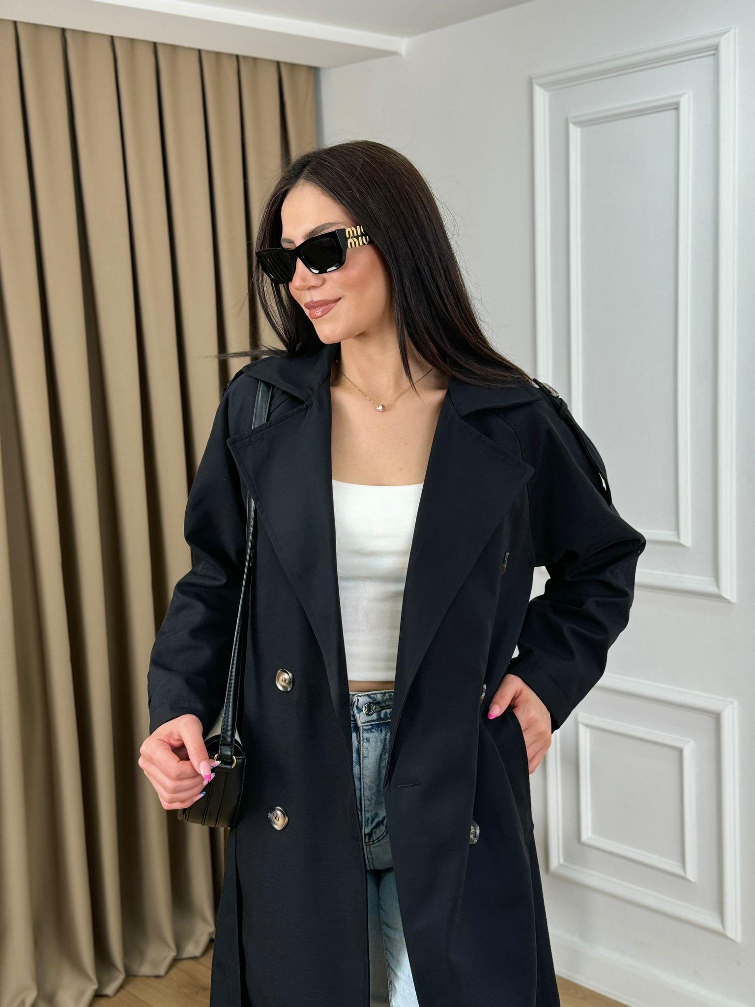 Siyah Kuşaklı Astarlı Lüks Kalite Trenchcoat 95135