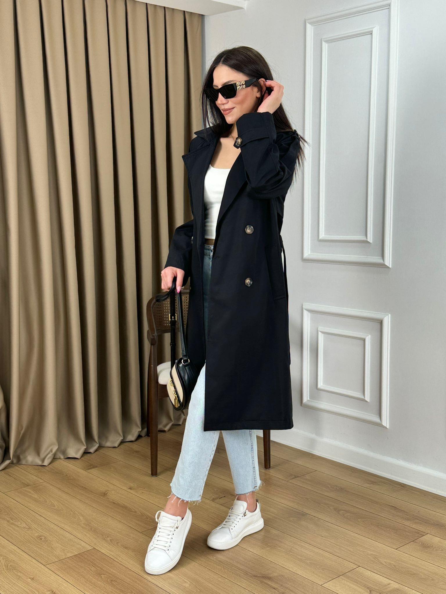 Siyah Kuşaklı Astarlı Lüks Kalite Trenchcoat 95135