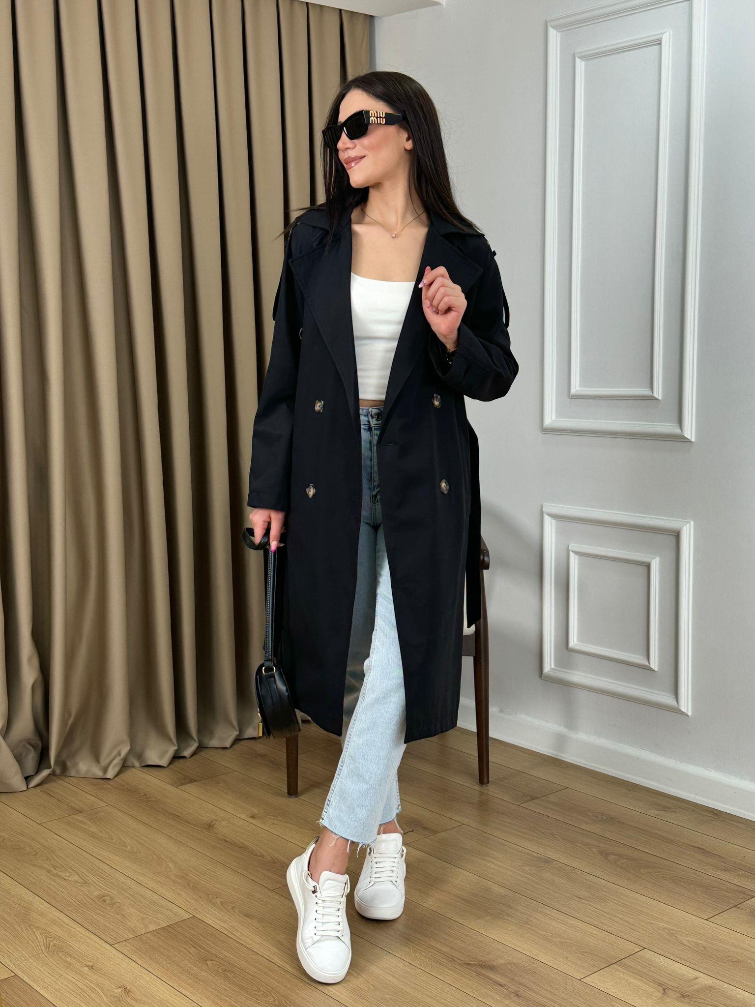 Siyah Kuşaklı Astarlı Lüks Kalite Trenchcoat 95135