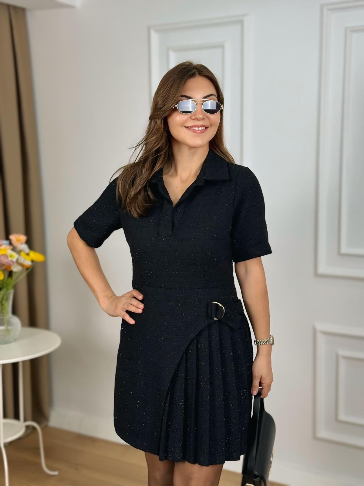 Siyah Pilise Detaylı Yarım Kol Tuvit Elbise 262686