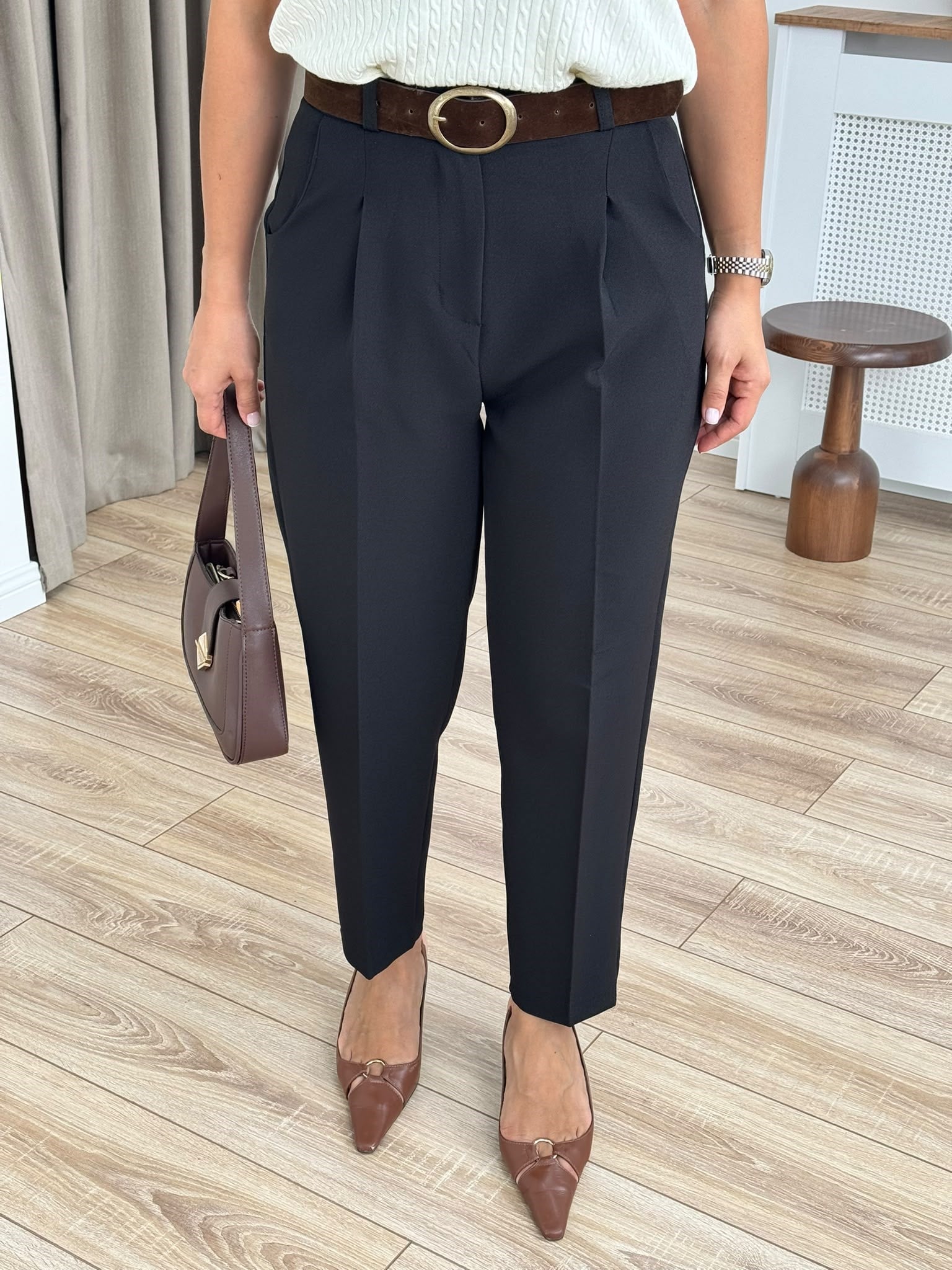 Siyah Yüksel Bel Kemerli Double Krep Kumaş Pantolon 51428