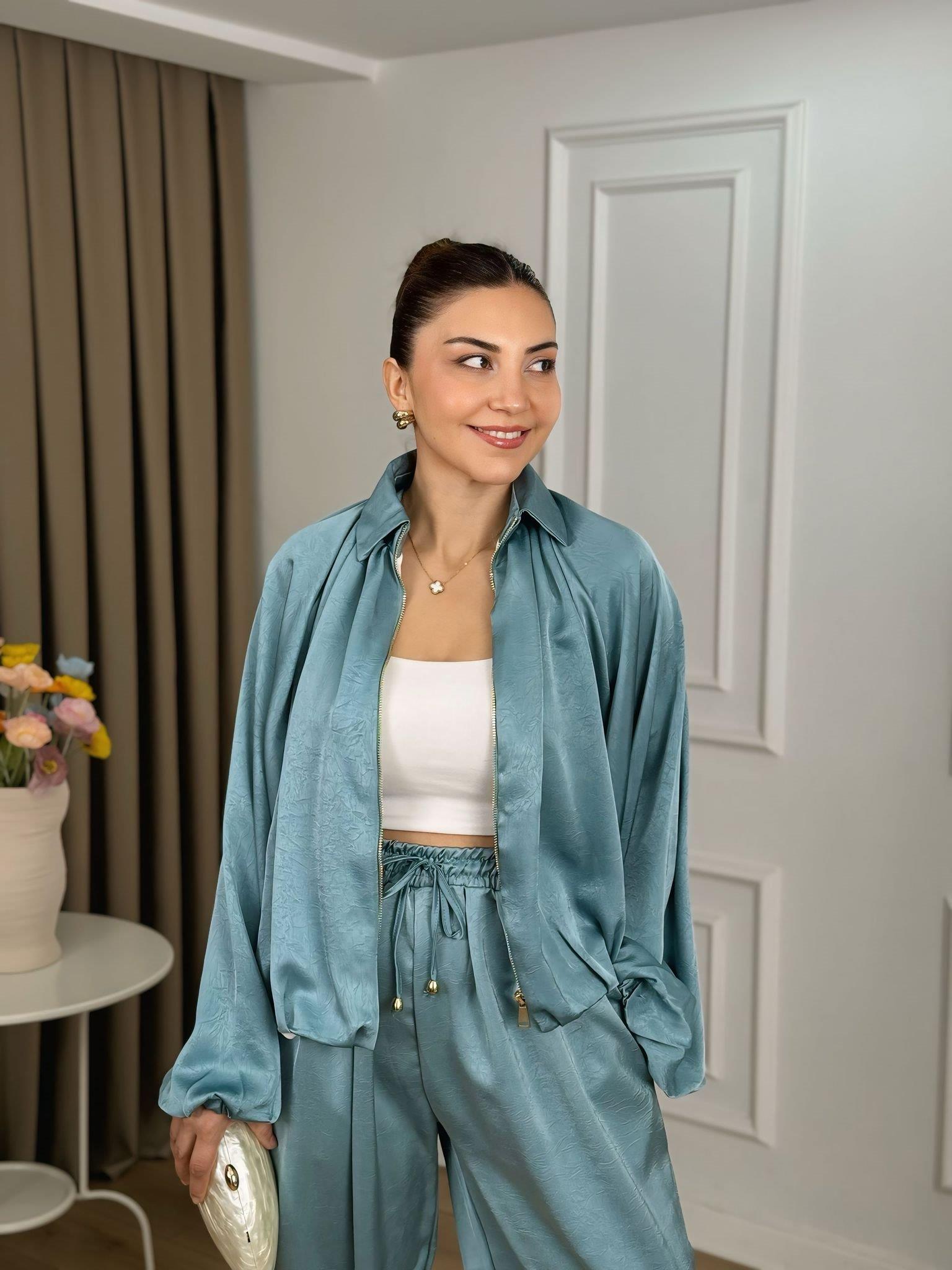 Su Yeşili Beli Lastikli Yarasa Kol Oversize Kalıp Ceket Pantolon Takım 26101