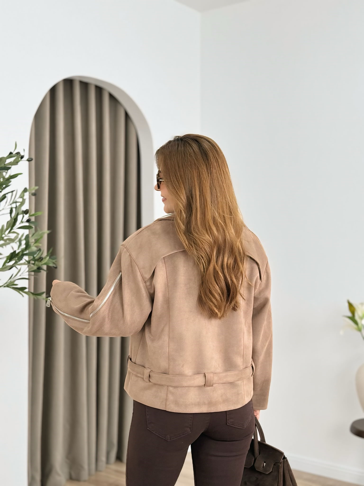 Taba Fermuarlı Beli Kemerli Astarlı Süet Ceket 6386