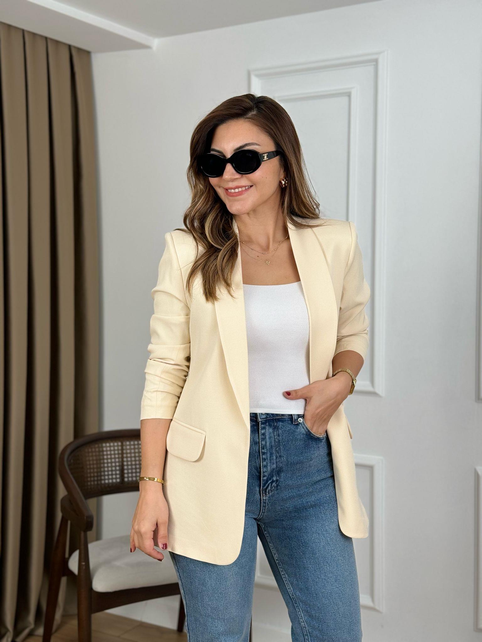 Taş Düğmesiz Astarlı Kolu Büzgülü Blazer Ceket 3101