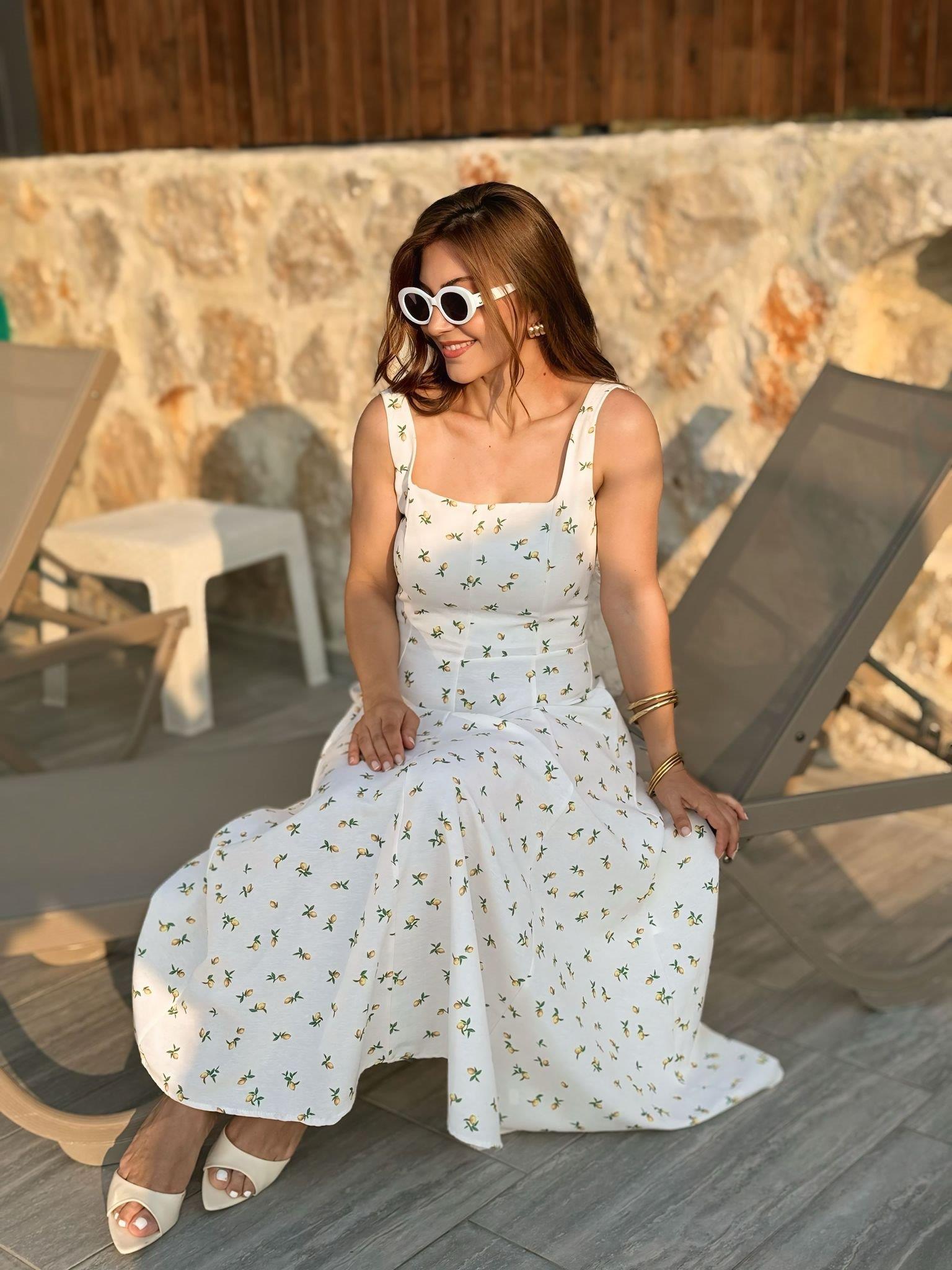 Taş Kare Yaka Limon Desenli Keten Kumaş Elbise 5104
