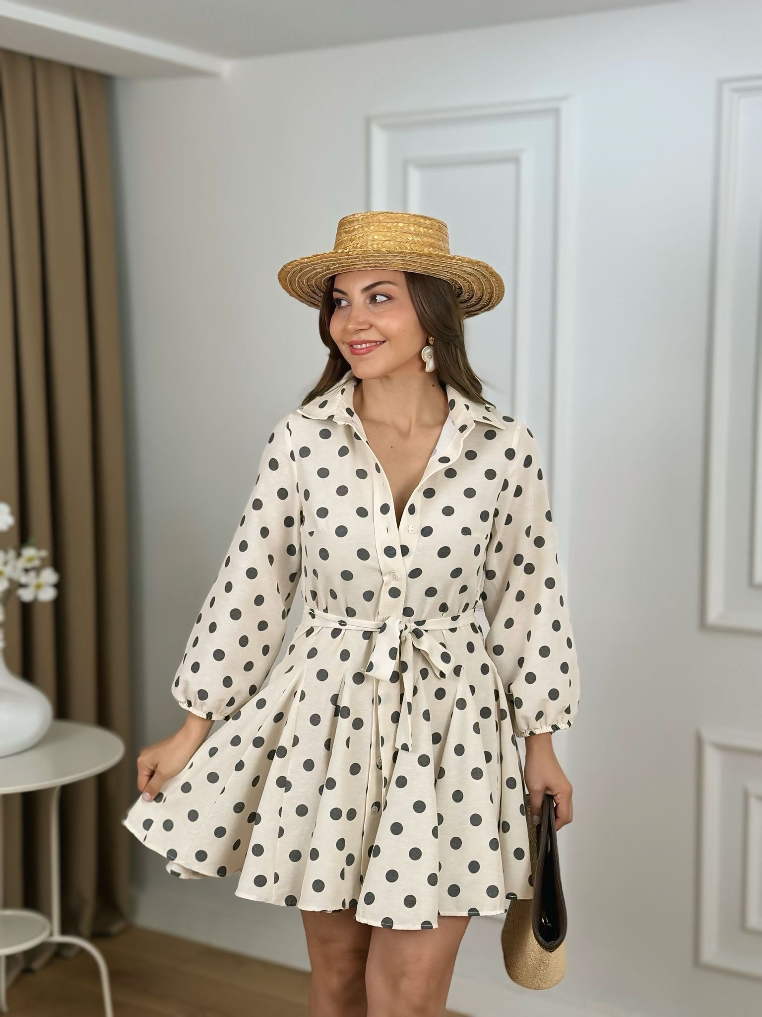 Taş Puantiyeli Kolları Lastikli Volanlı Elbise 265333