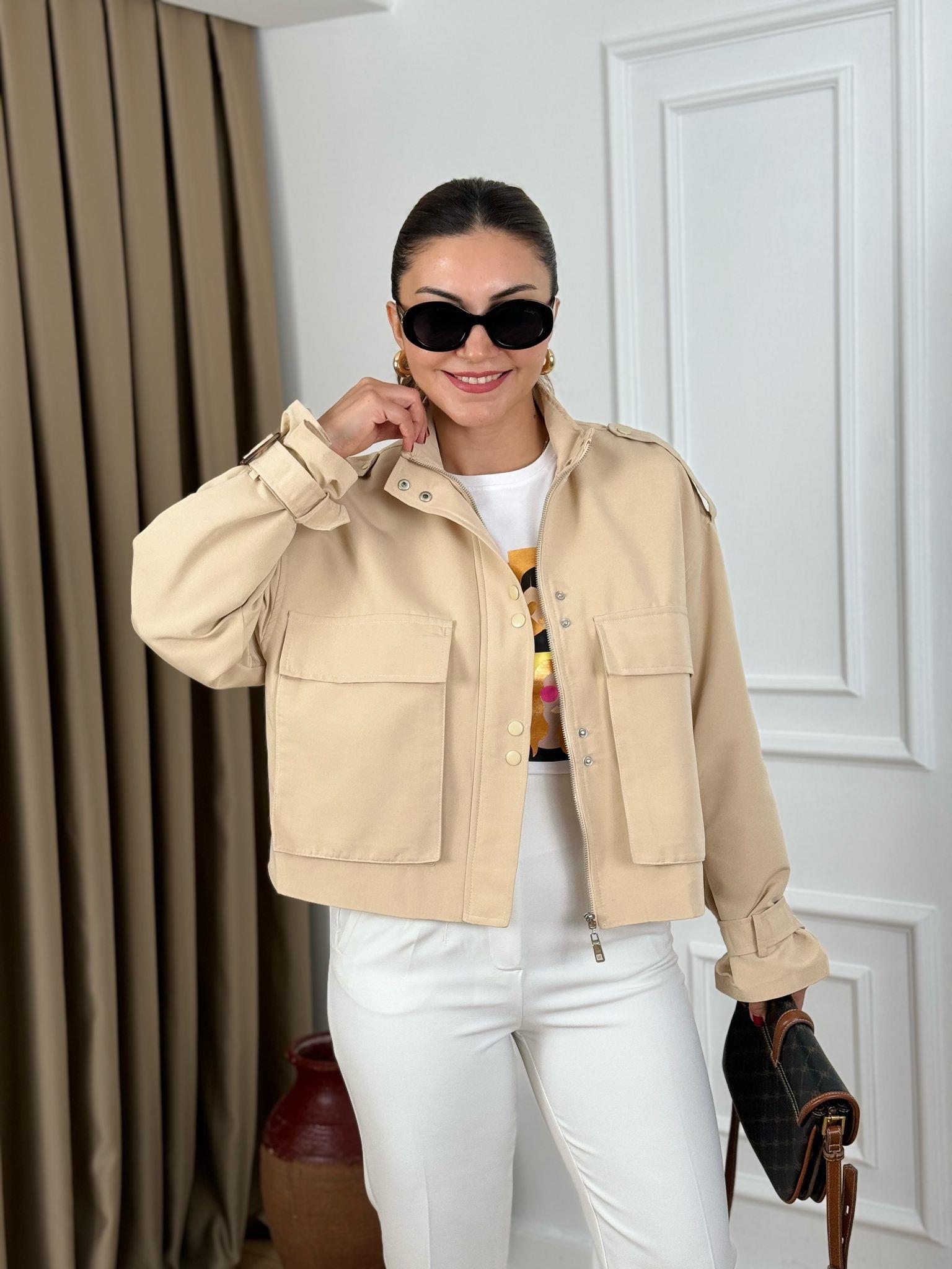 Taş Torba Cep Fermuarlı Çıtçıtlı Kısa Trenchcoat 6110