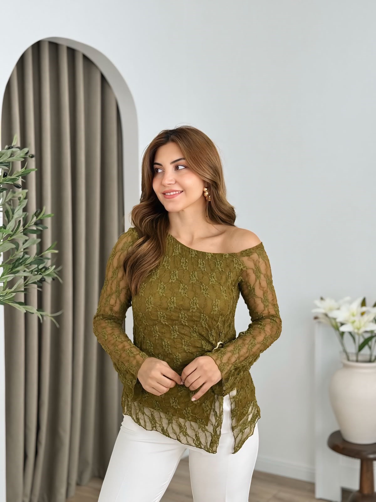 Yağ Yeşili Tek Omuz Dantel Detaylı Bluz 271683