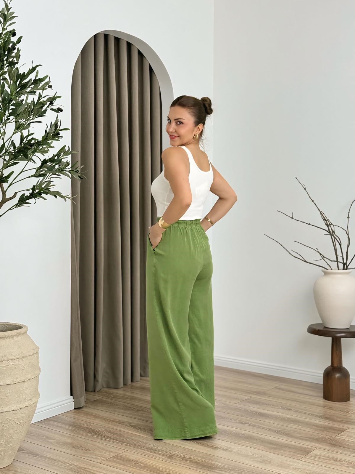 Yeşil Yüksek Bel Beli Lastikli Tensel Kumaş  Pantolon 7256