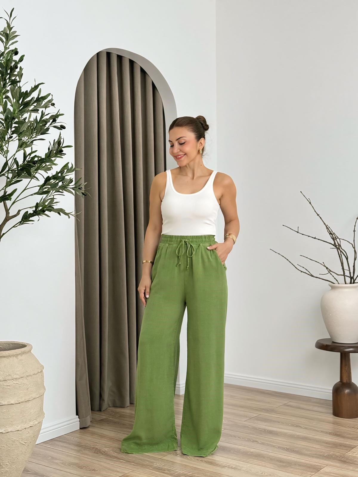 Yeşil Yüksek Bel Beli Lastikli Tensel Kumaş  Pantolon 7256