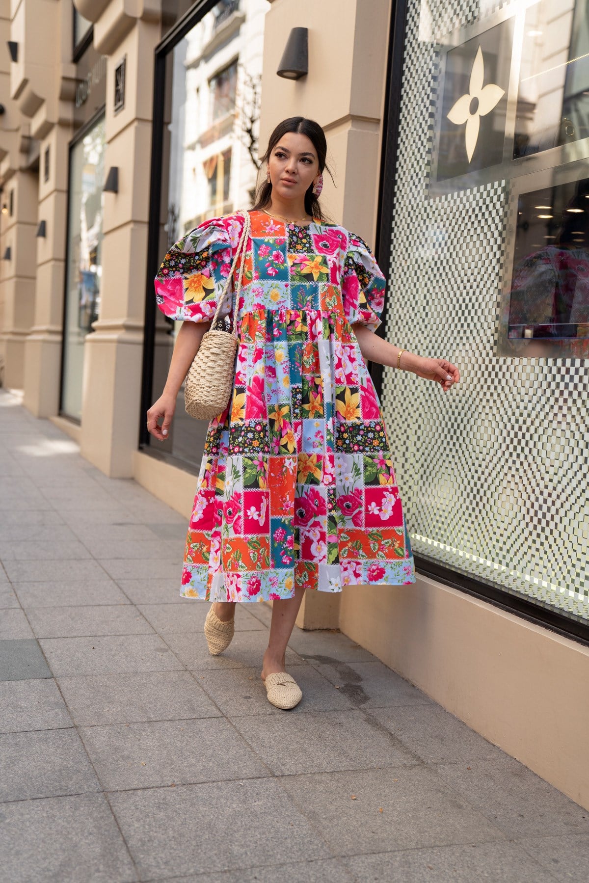 Balon Kol Patchwork Elbise Midi