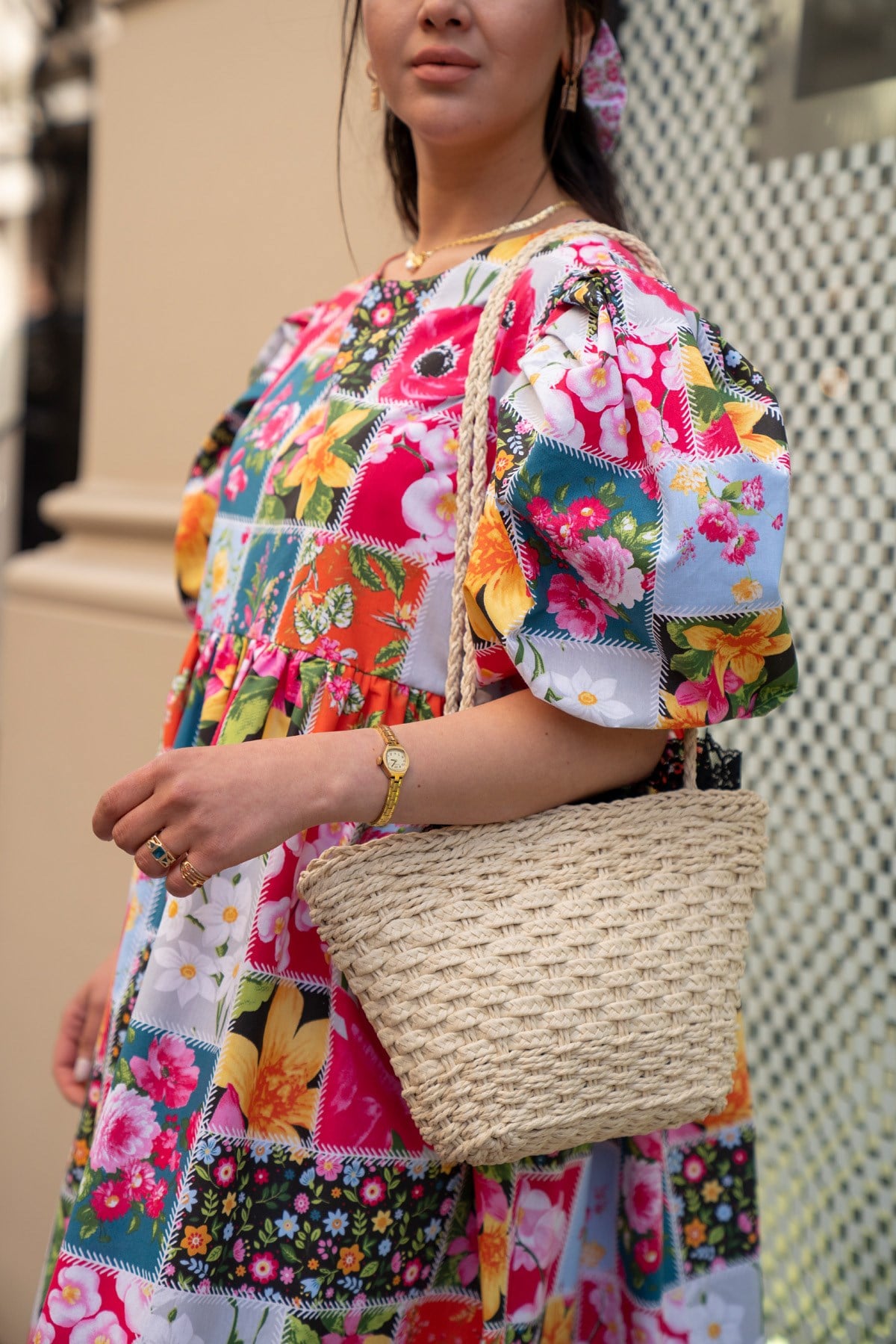 Balon Kol Patchwork Elbise Midi